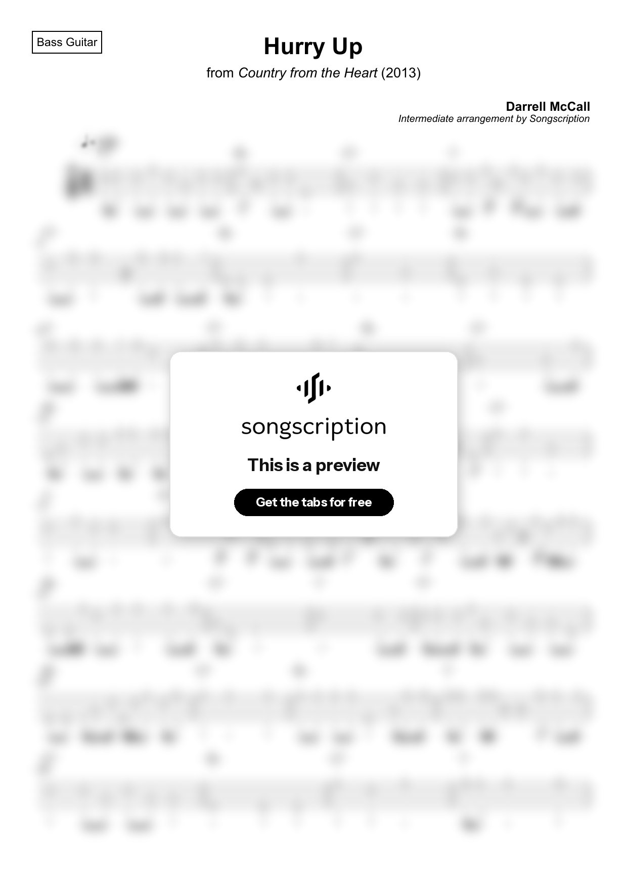 Intermediate Bass Guitar Tabs for "Hurry Up" by Darrell McCall