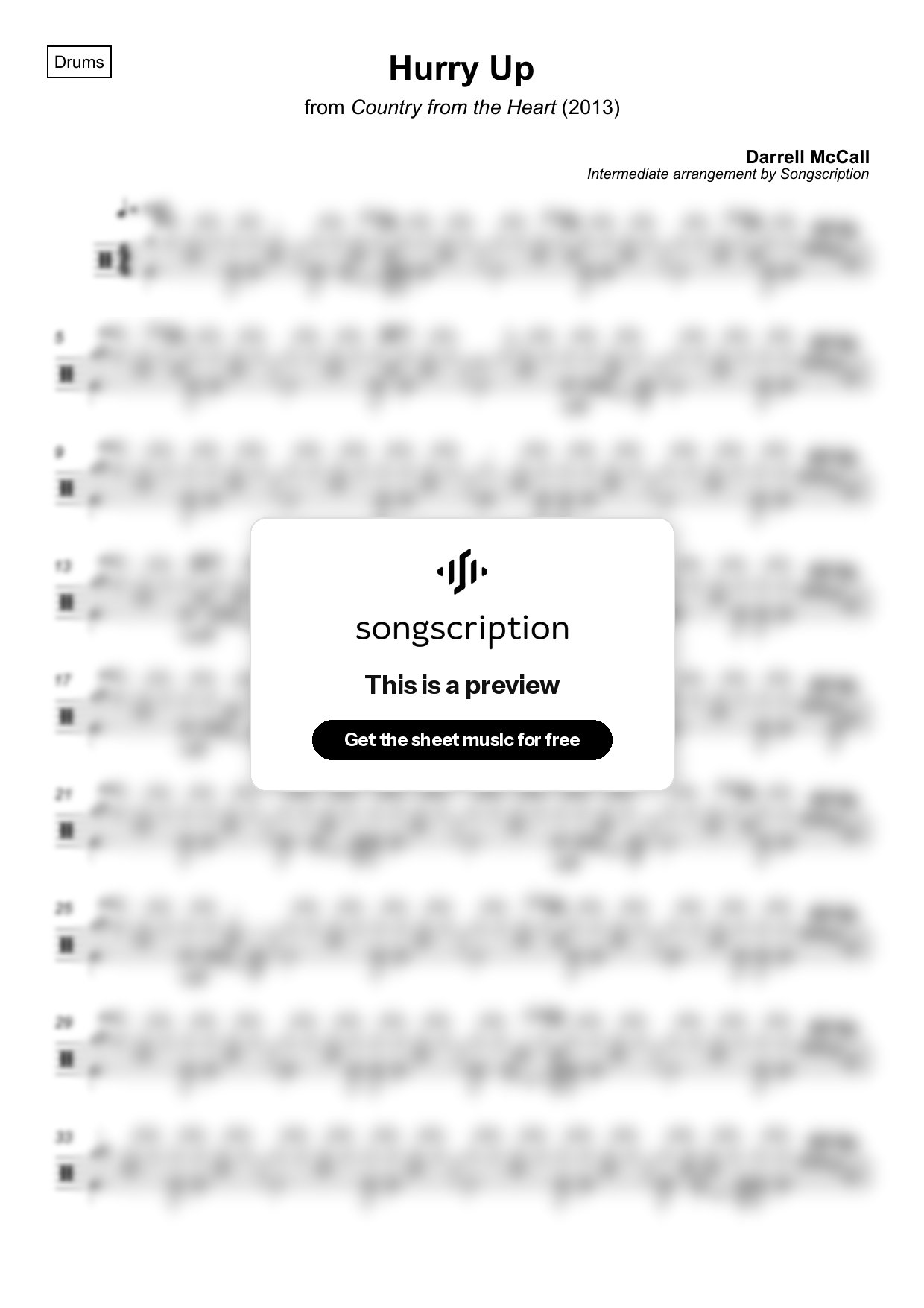 Intermediate Drums Sheet Music for "Hurry Up" by Darrell McCall