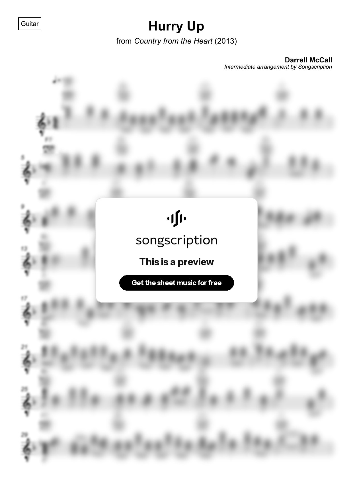 Intermediate Acoustic Guitar Sheet Music for "Hurry Up" by Darrell McCall