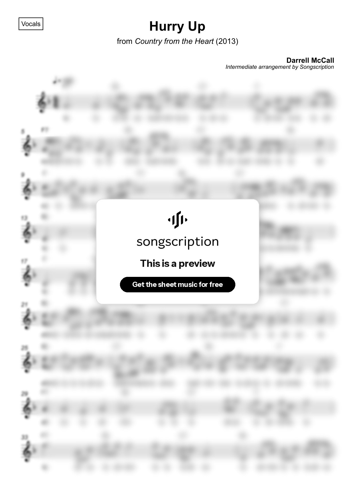 Intermediate Vocals Sheet Music for "Hurry Up" by Darrell McCall