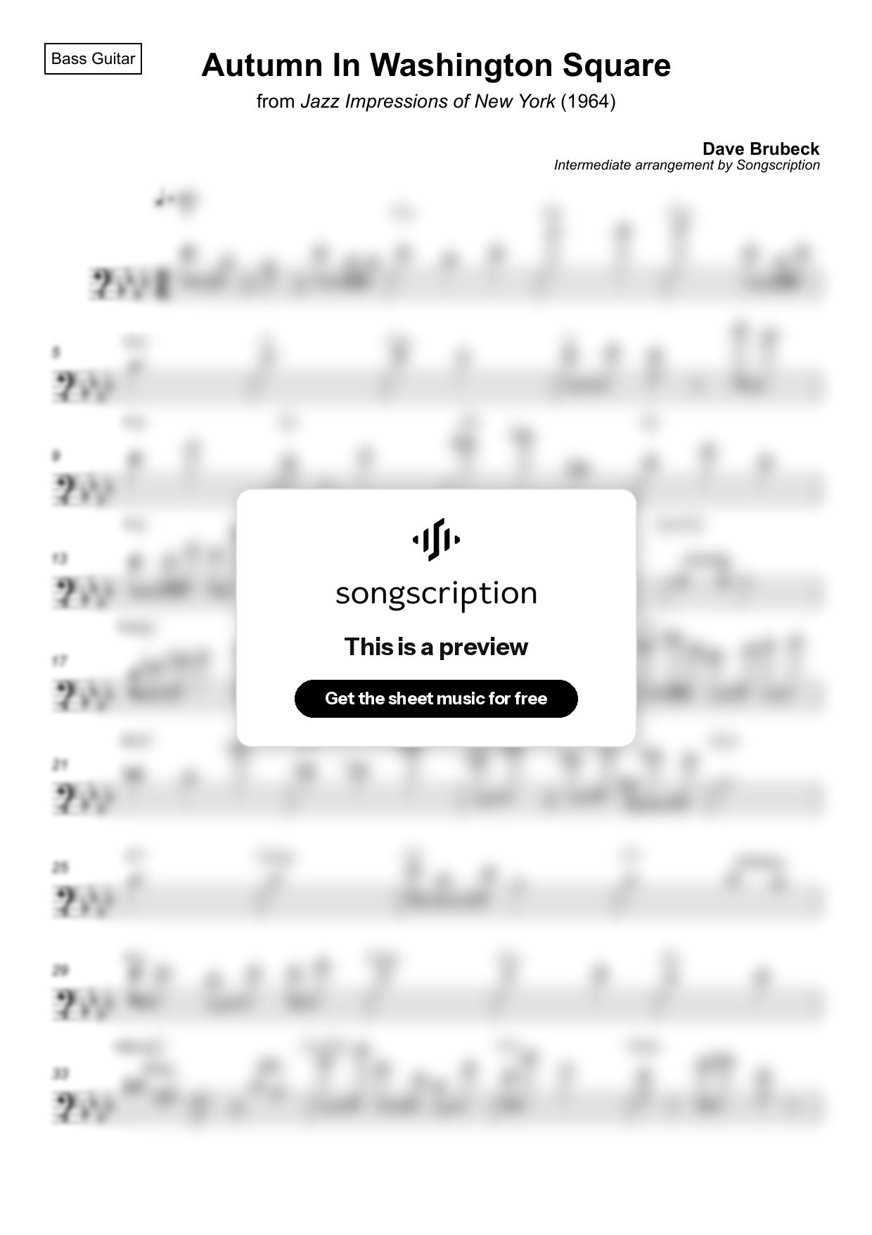 Intermediate Bass Guitar Sheet Music for "Autumn In Washington Square" by Dave Brubeck