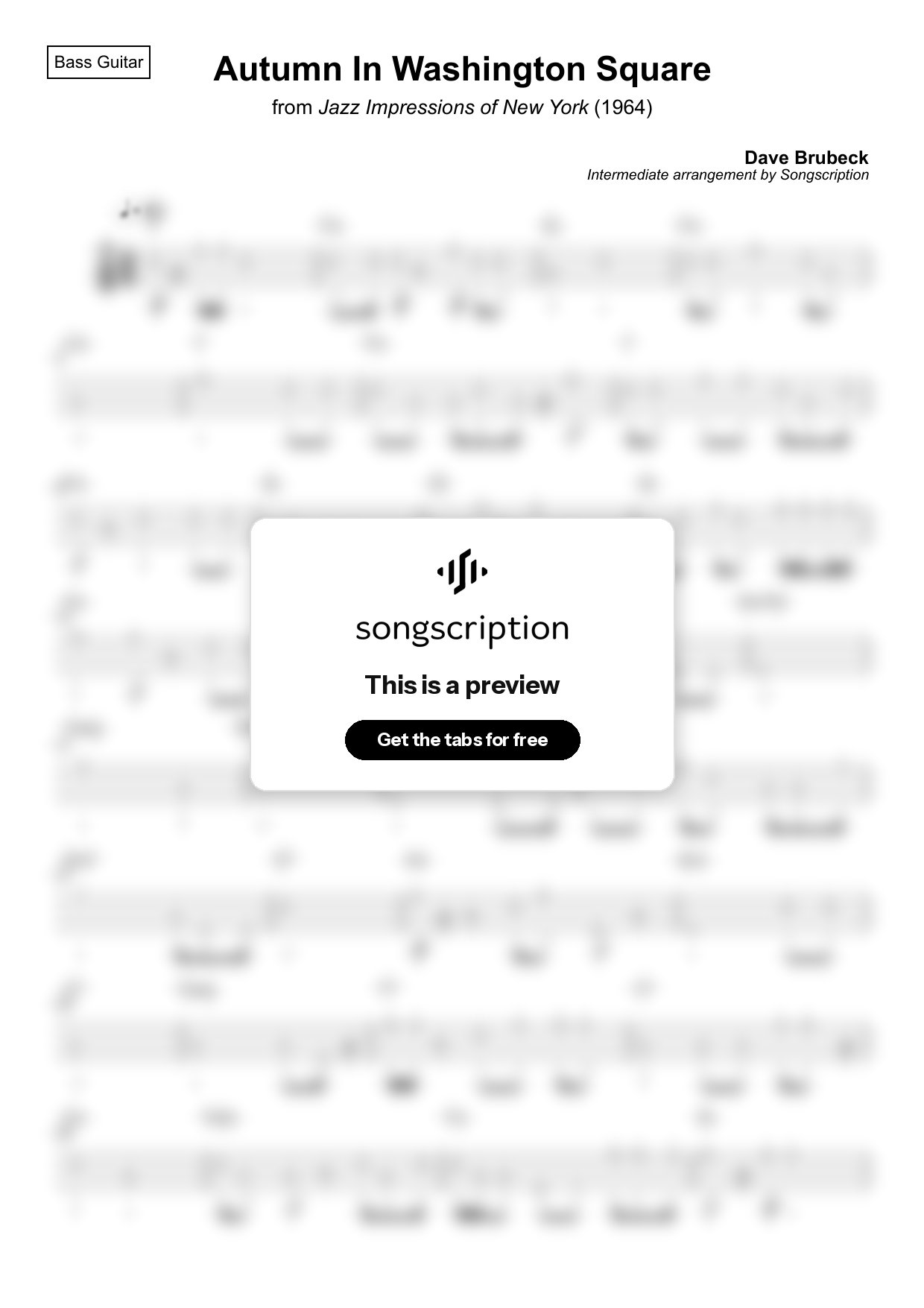 Intermediate Bass Guitar Tabs for "Autumn In Washington Square" by Dave Brubeck