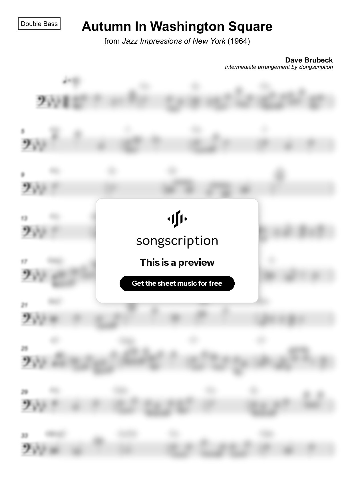 Intermediate Double Bass Sheet Music for "Autumn In Washington Square" by Dave Brubeck