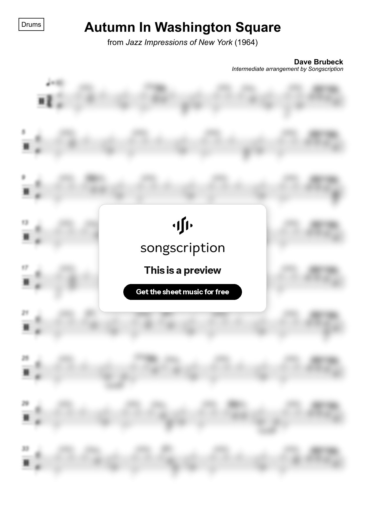 Intermediate Drums Sheet Music for "Autumn In Washington Square" by Dave Brubeck