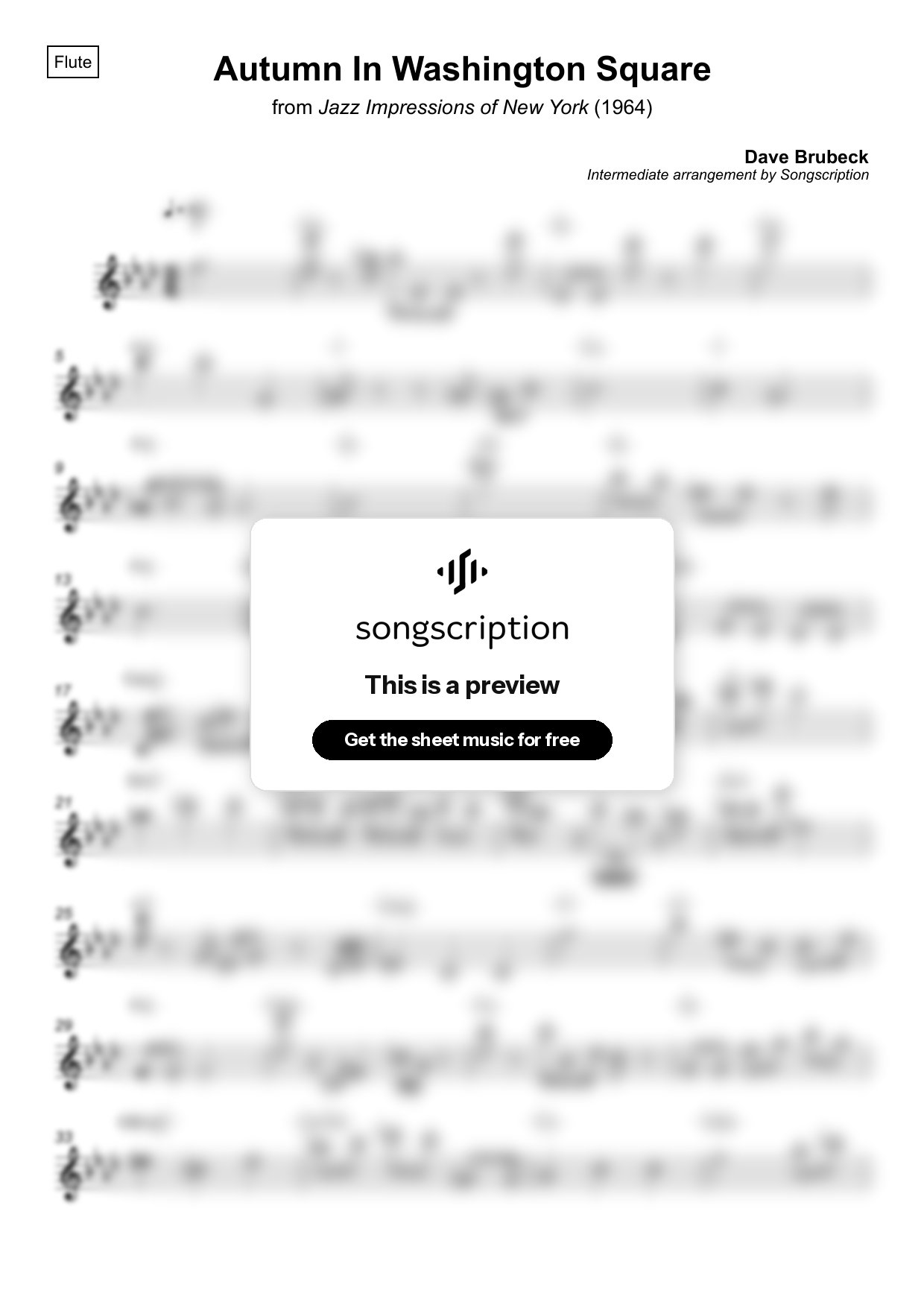Intermediate Flute Sheet Music for "Autumn In Washington Square" by Dave Brubeck