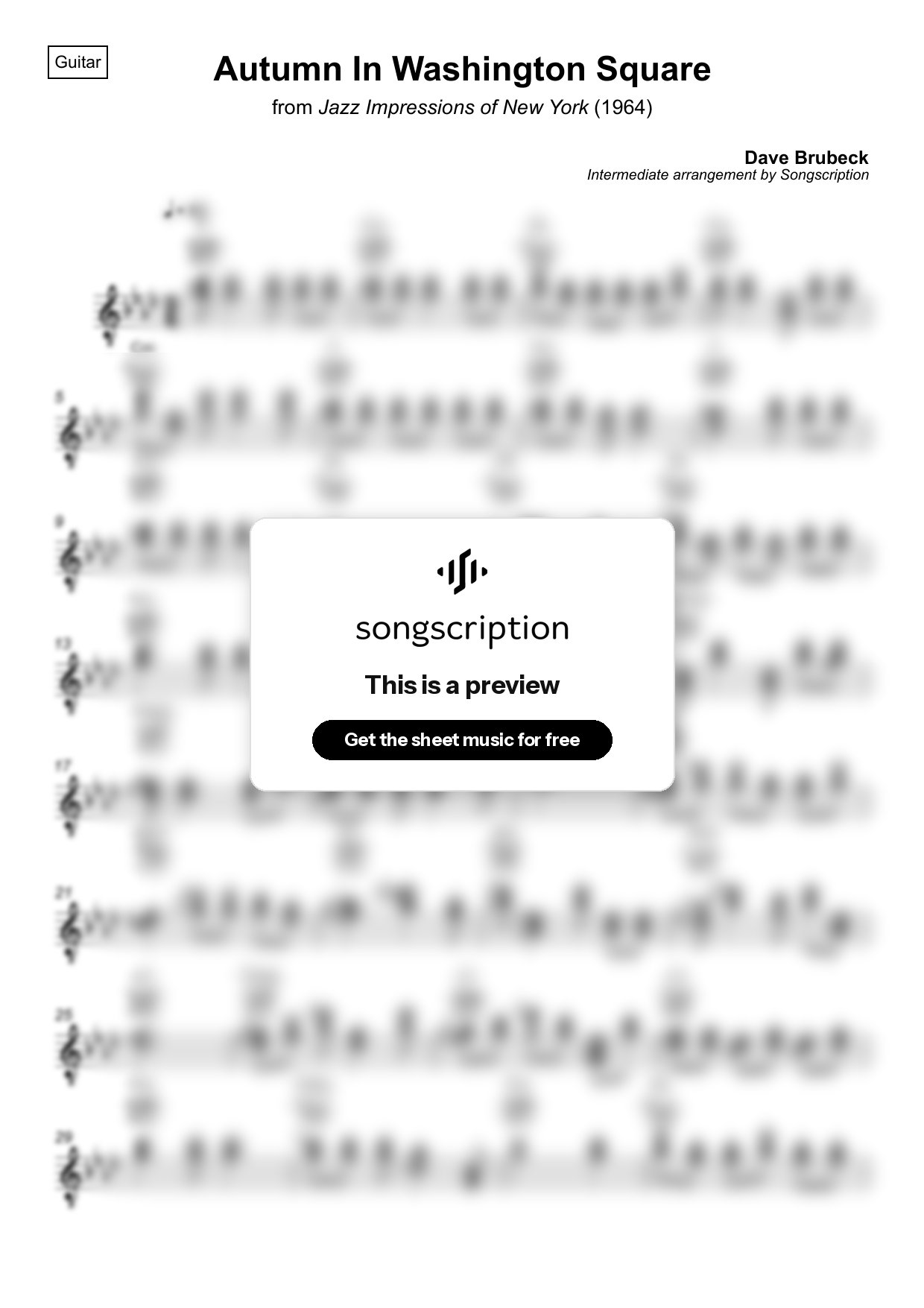 Intermediate Acoustic Guitar Sheet Music for "Autumn In Washington Square" by Dave Brubeck