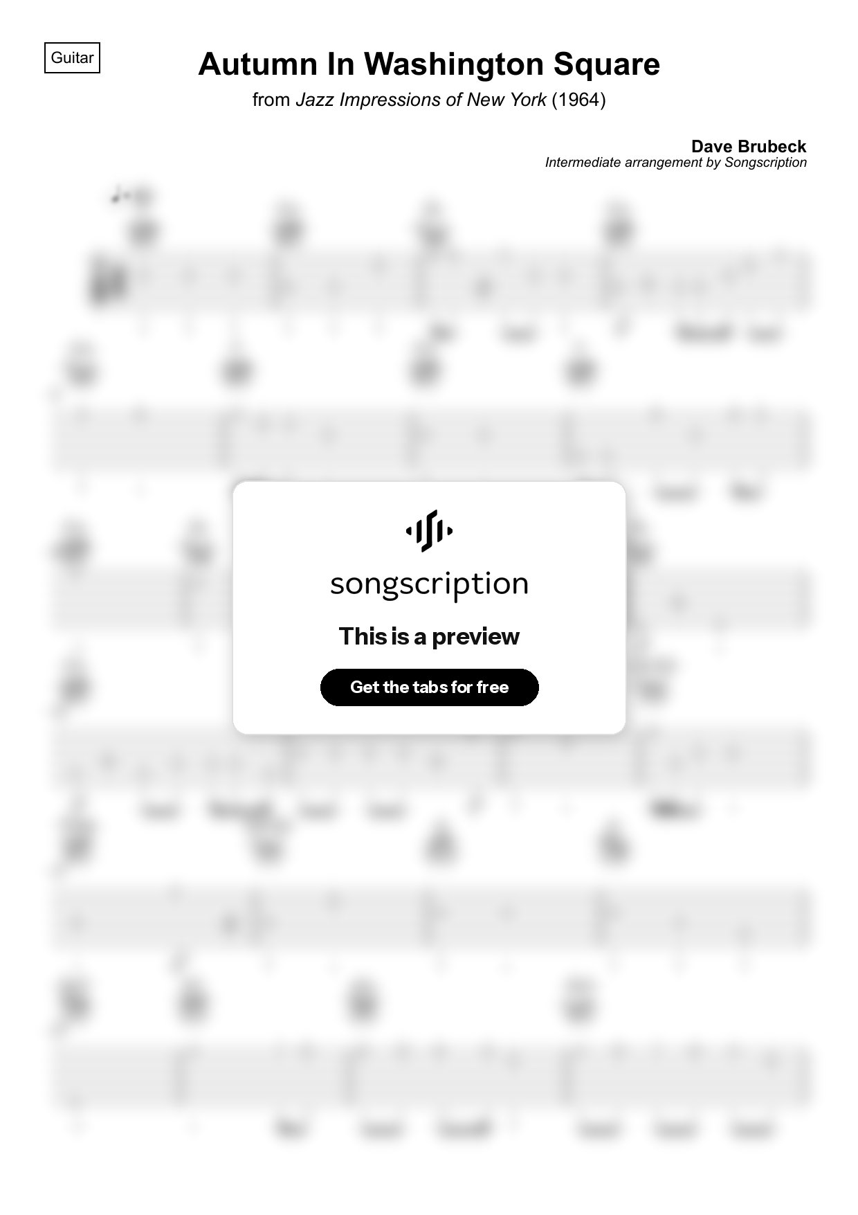 Intermediate Acoustic Guitar Tabs for "Autumn In Washington Square" by Dave Brubeck