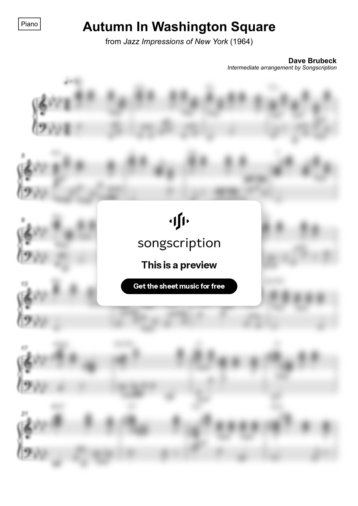 Intermediate Piano Sheet Music for "Autumn In Washington Square" by Dave Brubeck