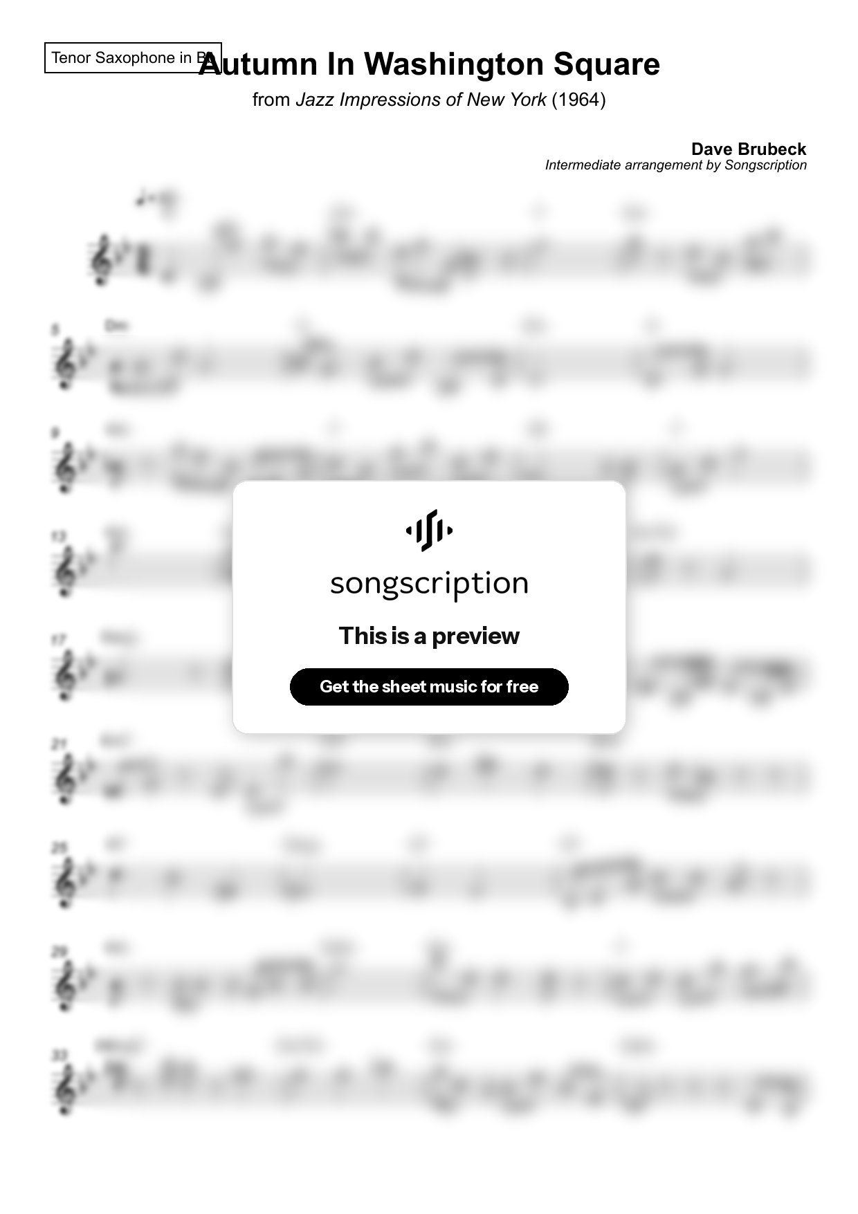 Intermediate Tenor Sax Sheet Music for "Autumn In Washington Square" by Dave Brubeck