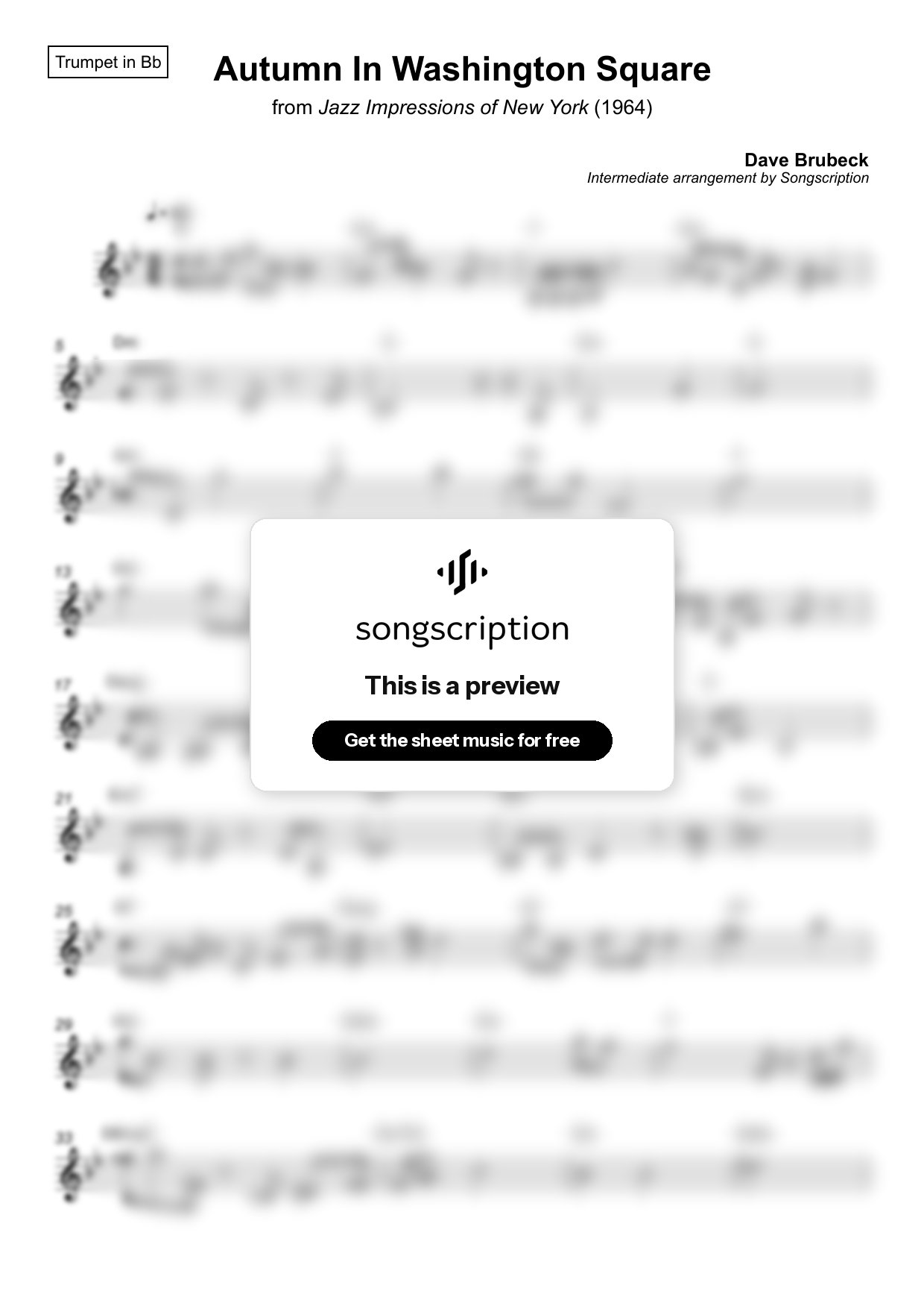 Intermediate Trumpet Sheet Music for "Autumn In Washington Square" by Dave Brubeck