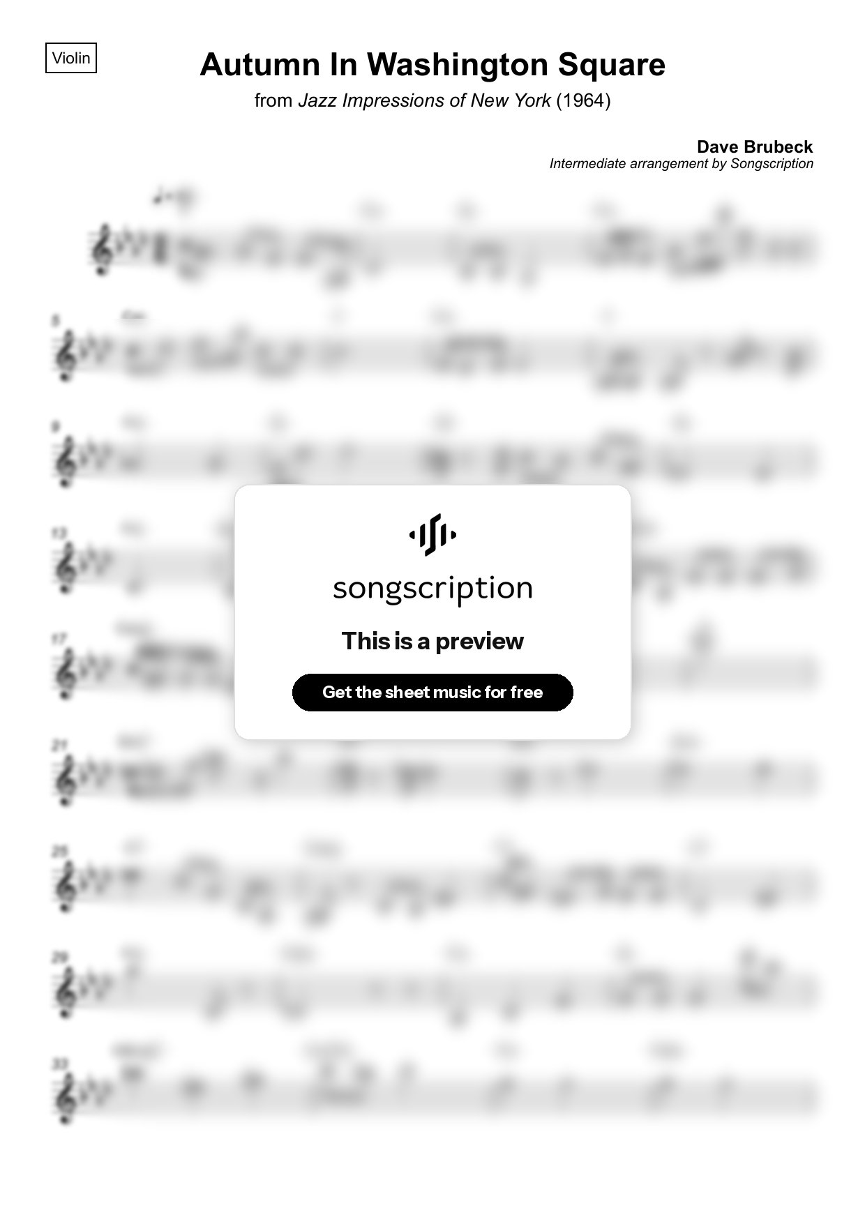 Intermediate Violin Sheet Music for "Autumn In Washington Square" by Dave Brubeck