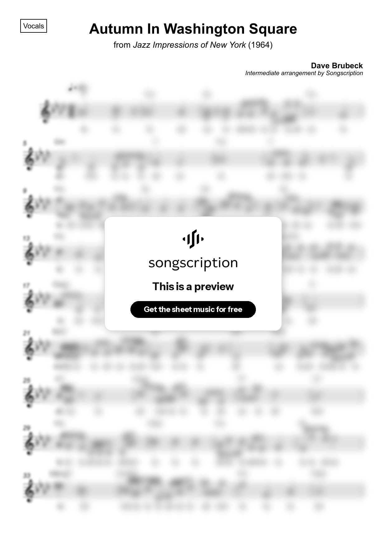 Intermediate Vocals Sheet Music for "Autumn In Washington Square" by Dave Brubeck