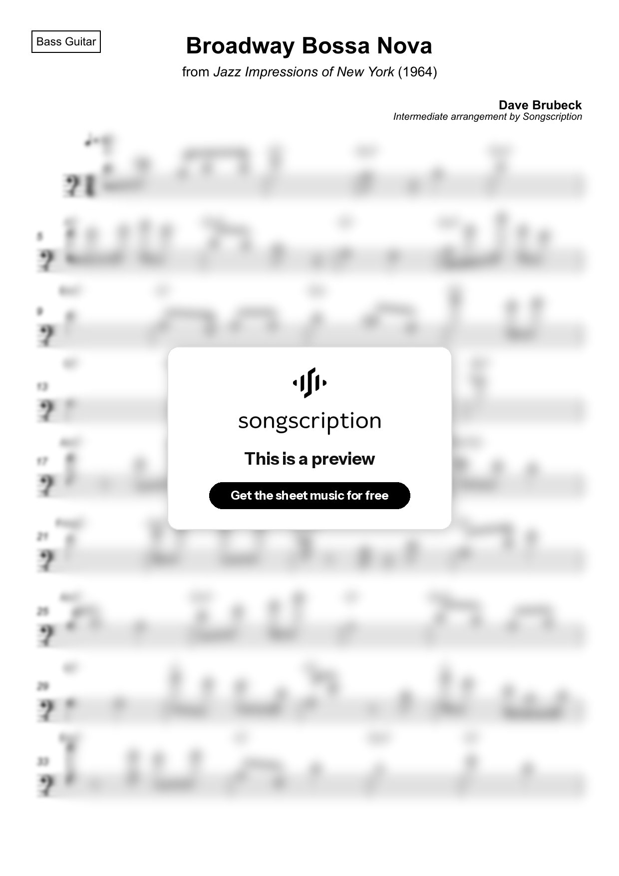 Intermediate Bass Guitar Sheet Music for "Broadway Bossa Nova" by Dave Brubeck