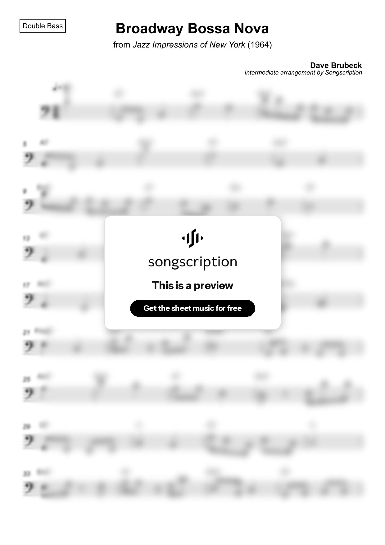 Intermediate Double Bass Sheet Music for "Broadway Bossa Nova" by Dave Brubeck
