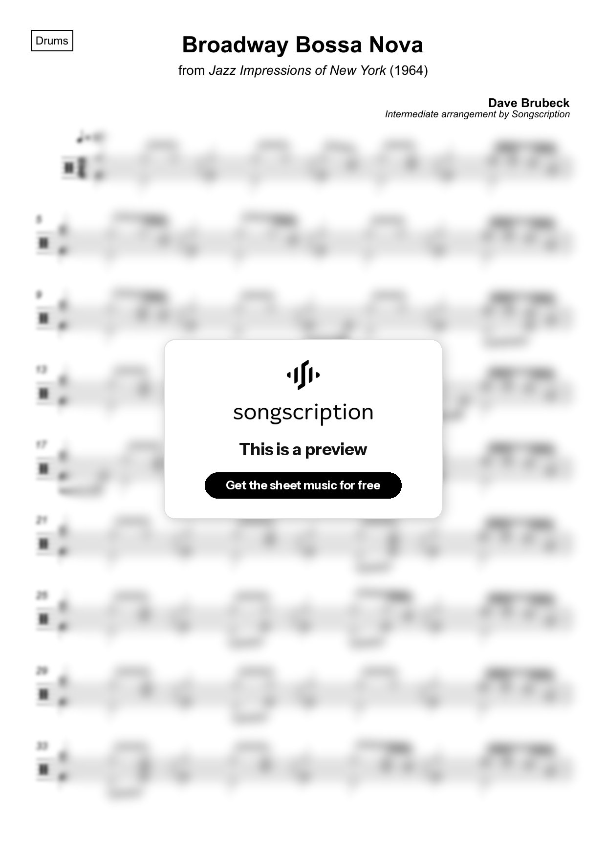 Intermediate Drums Sheet Music for "Broadway Bossa Nova" by Dave Brubeck