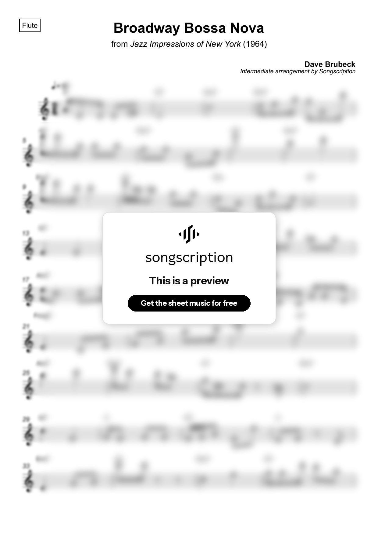 Intermediate Flute Sheet Music for "Broadway Bossa Nova" by Dave Brubeck