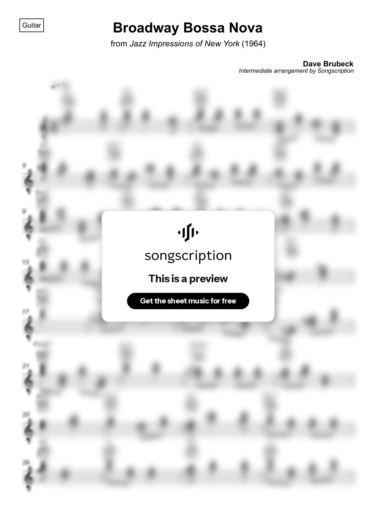 Intermediate Acoustic Guitar Sheet Music for "Broadway Bossa Nova" by Dave Brubeck