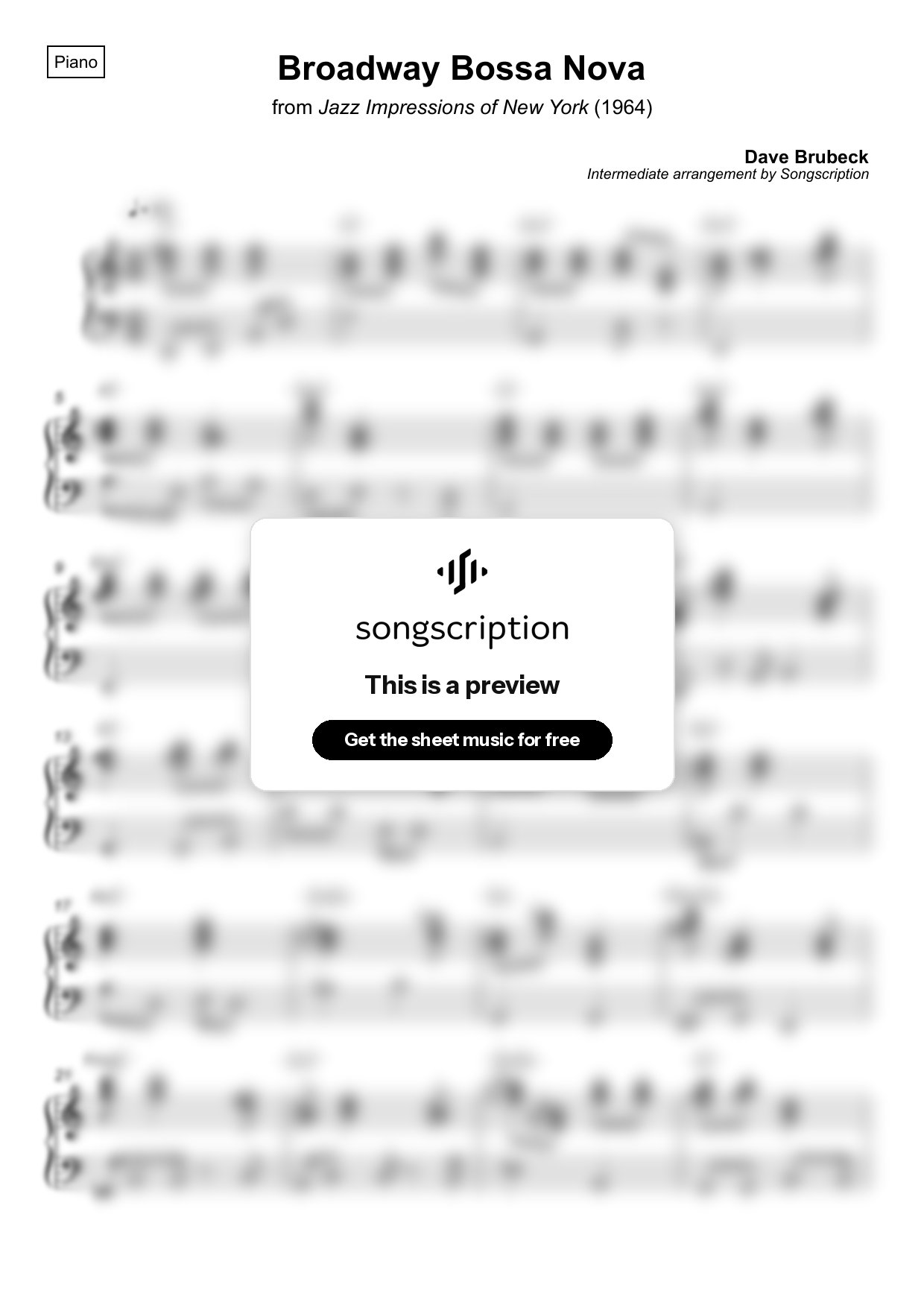 Intermediate Piano Sheet Music for "Broadway Bossa Nova" by Dave Brubeck