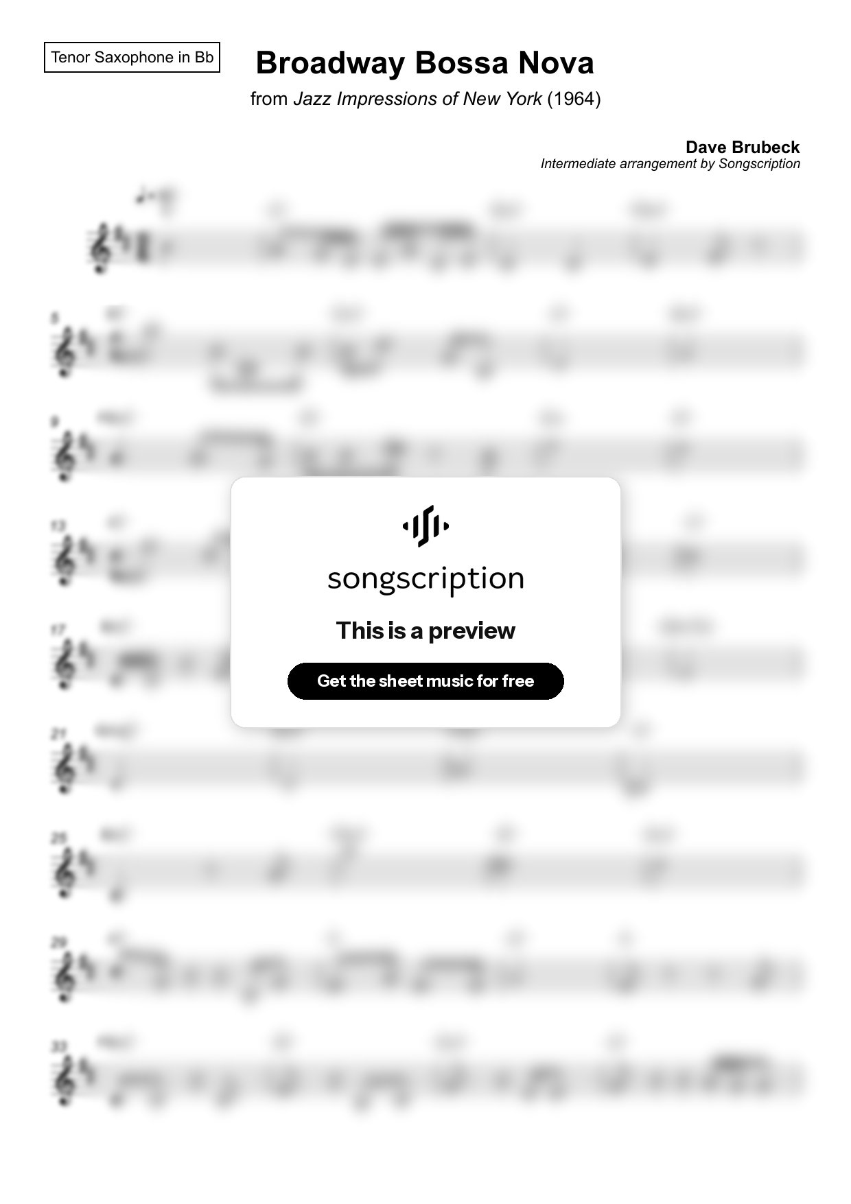 Intermediate Tenor Sax Sheet Music for "Broadway Bossa Nova" by Dave Brubeck