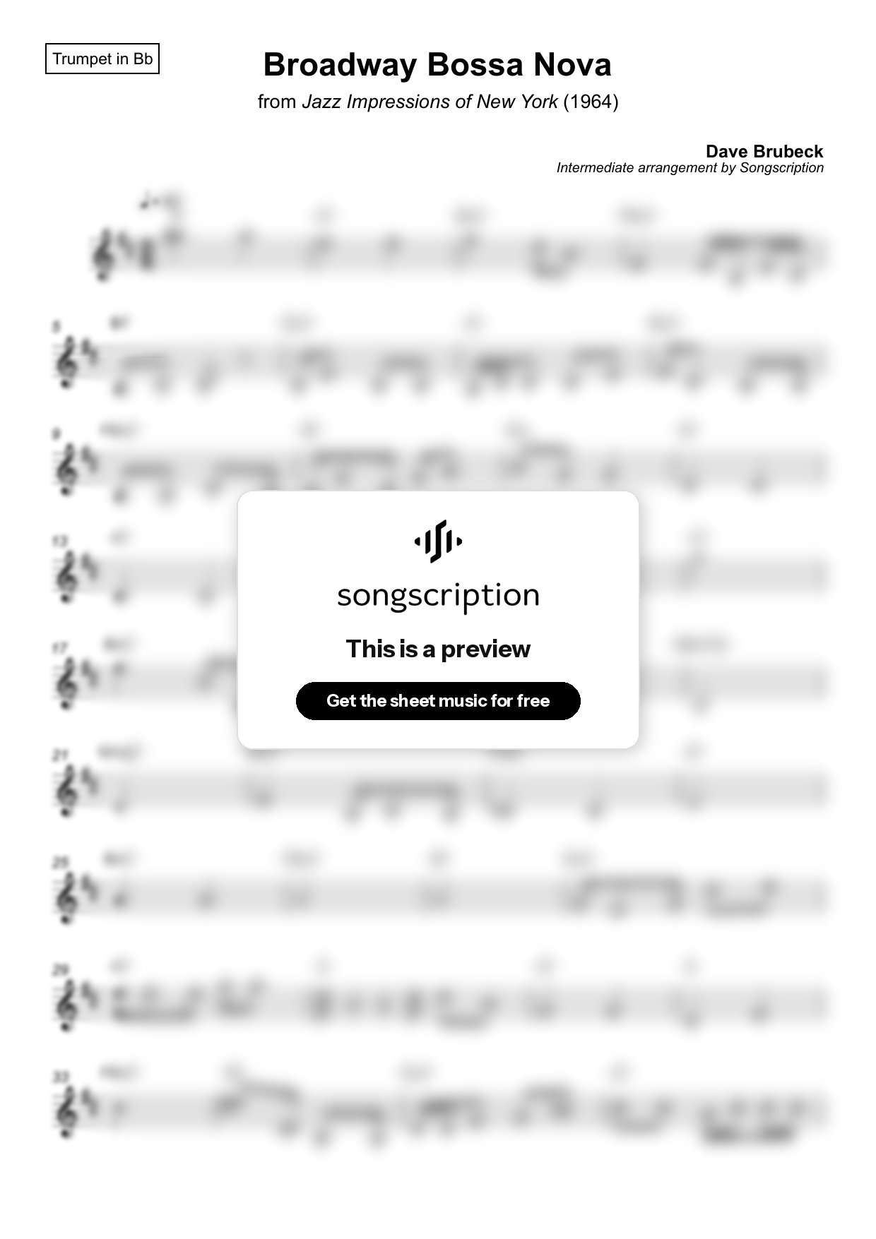 Intermediate Trumpet Sheet Music for "Broadway Bossa Nova" by Dave Brubeck