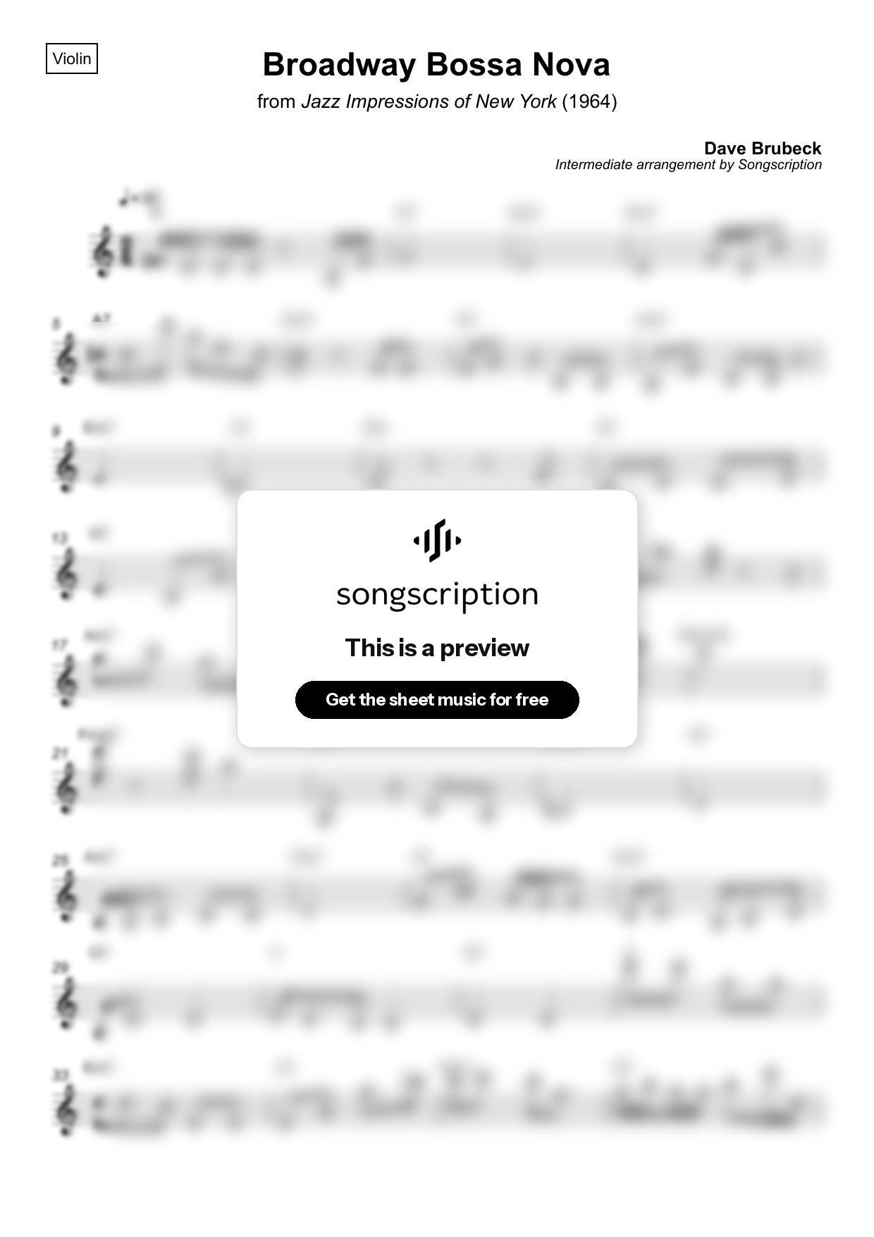 Intermediate Violin Sheet Music for "Broadway Bossa Nova" by Dave Brubeck