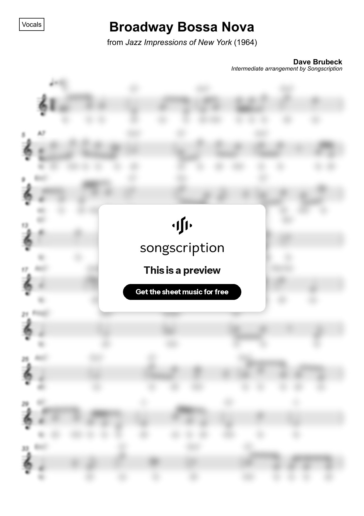 Intermediate Vocals Sheet Music for "Broadway Bossa Nova" by Dave Brubeck
