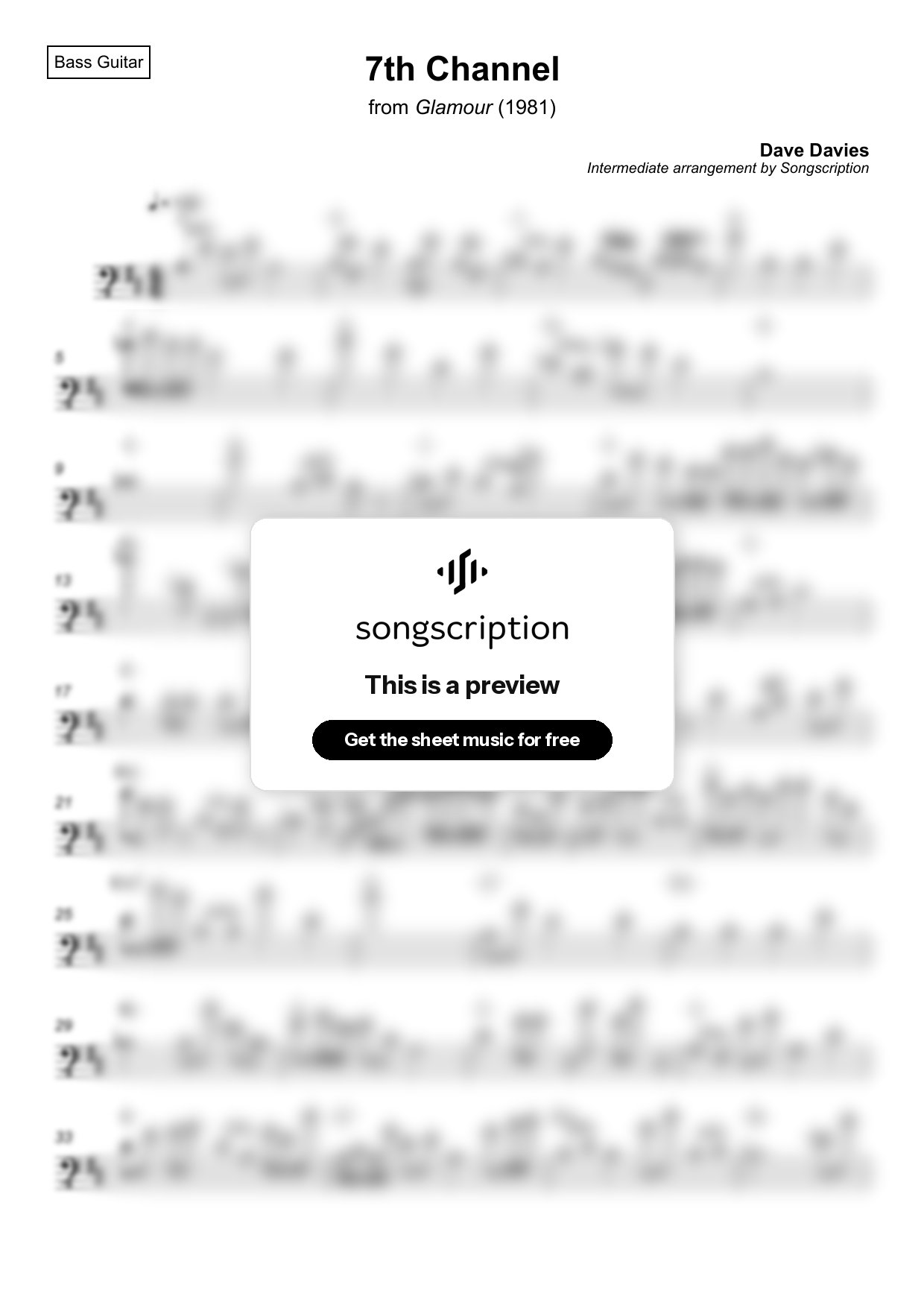 Intermediate Bass Guitar Sheet Music for "7th Channel" by Dave Davies