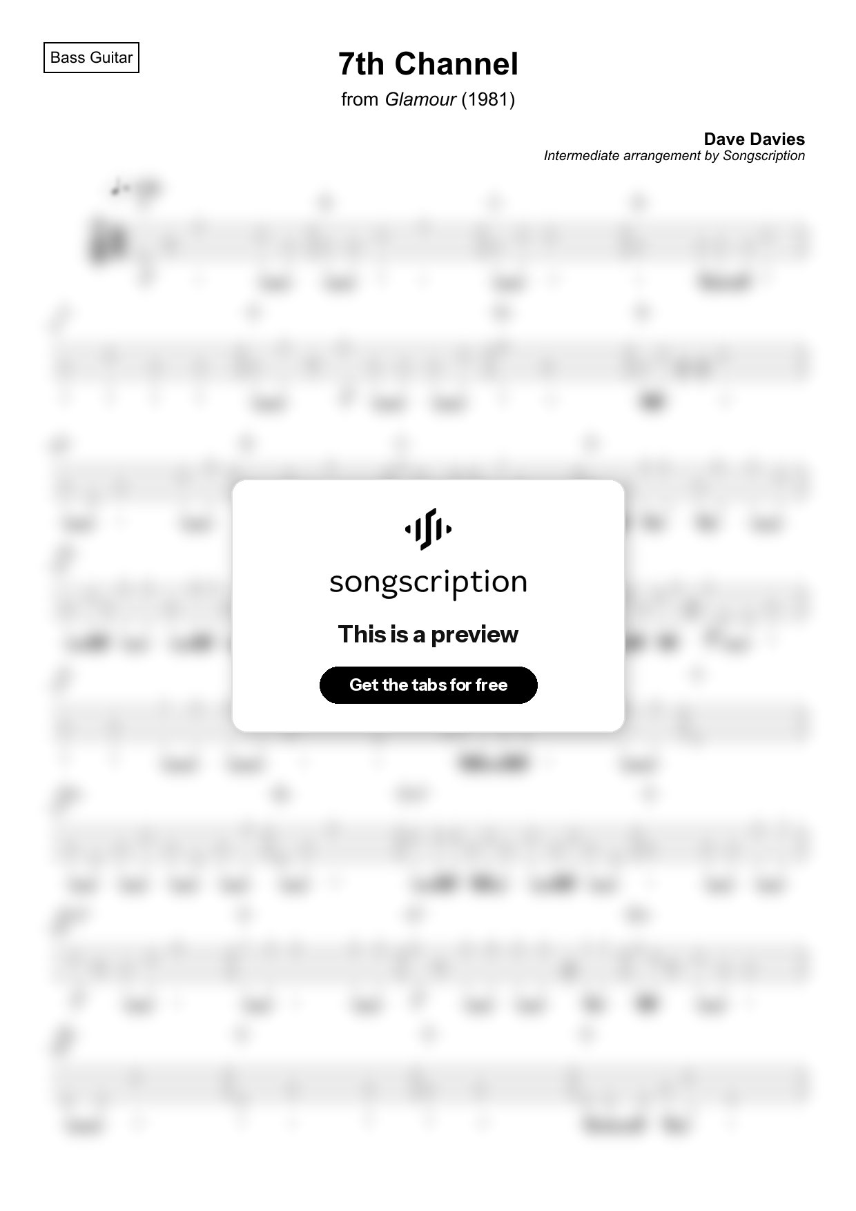 Intermediate Bass Guitar Tabs for "7th Channel" by Dave Davies