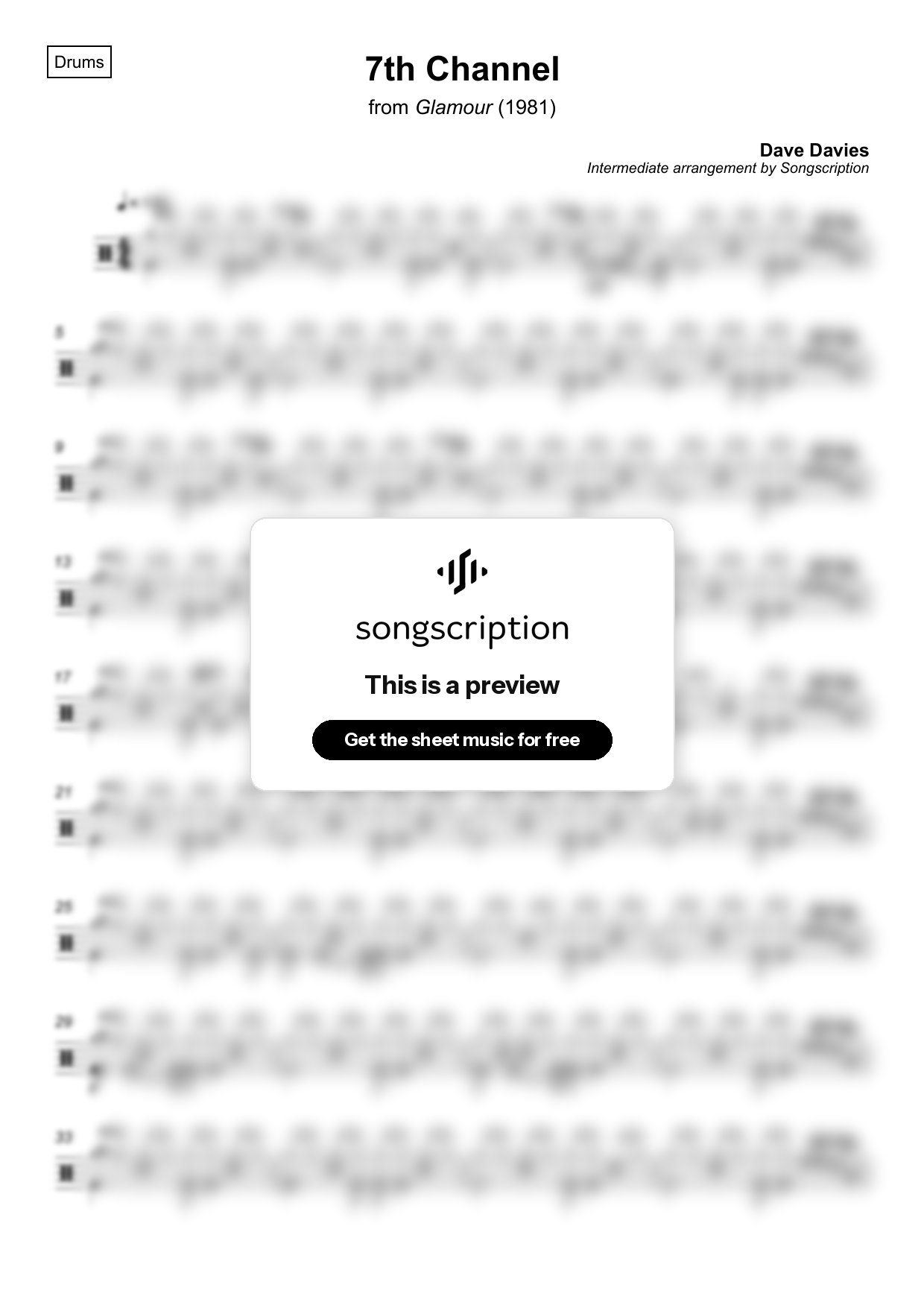 Intermediate Drums Sheet Music for "7th Channel" by Dave Davies