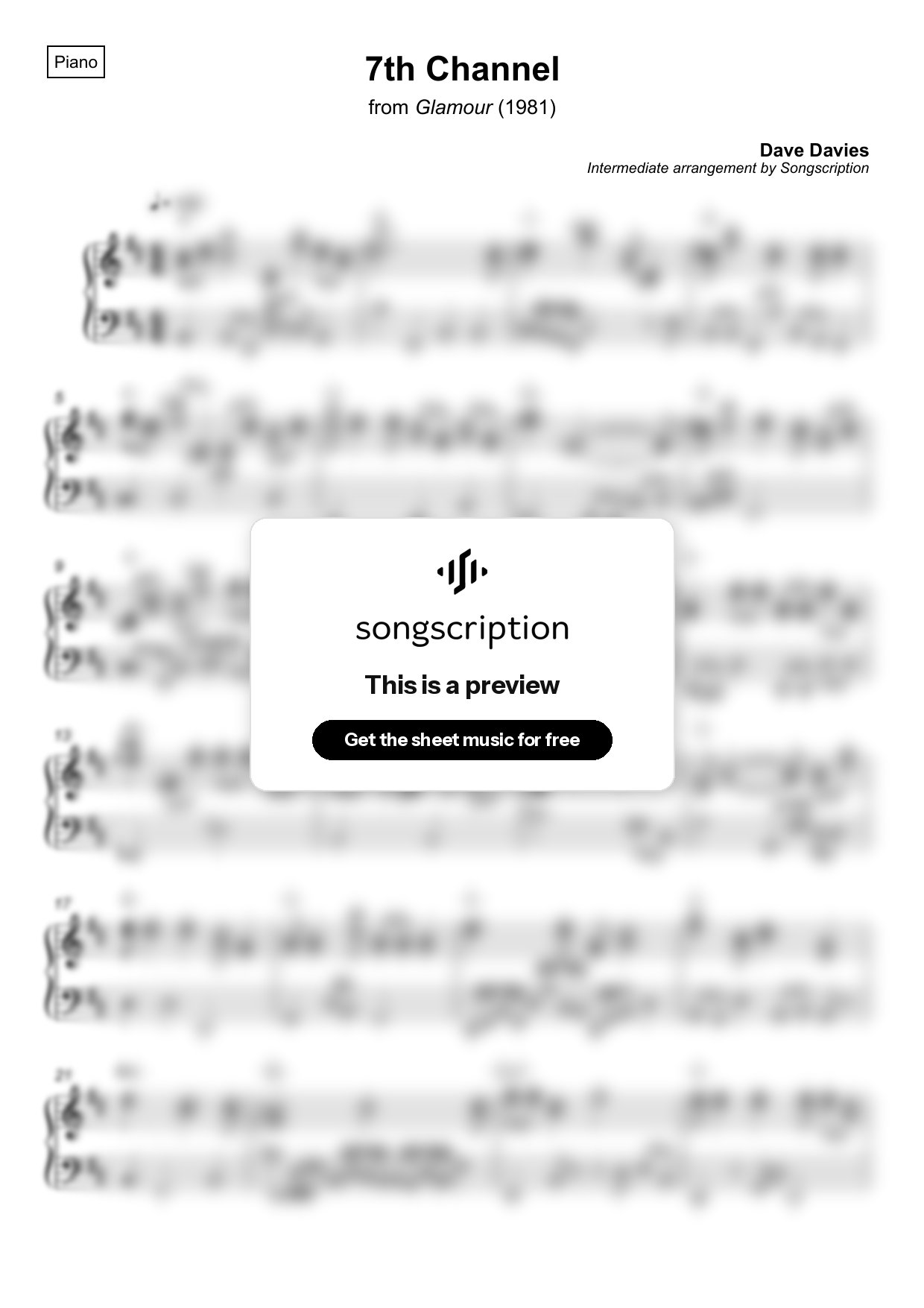 Intermediate Piano Sheet Music for "7th Channel" by Dave Davies
