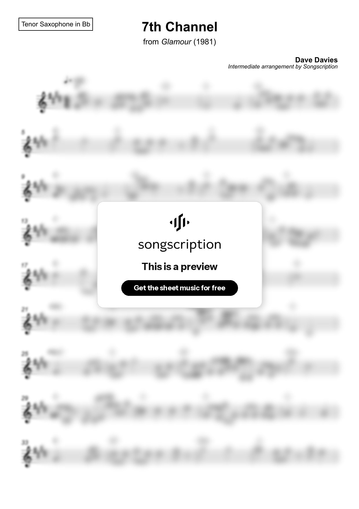 Intermediate Tenor Sax Sheet Music for "7th Channel" by Dave Davies