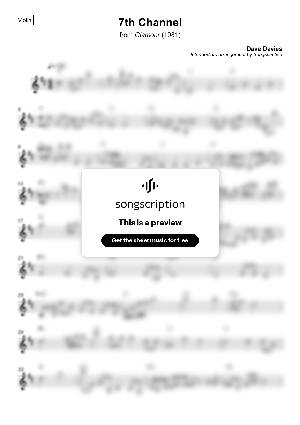 Intermediate Violin Sheet Music for "7th Channel" by Dave Davies