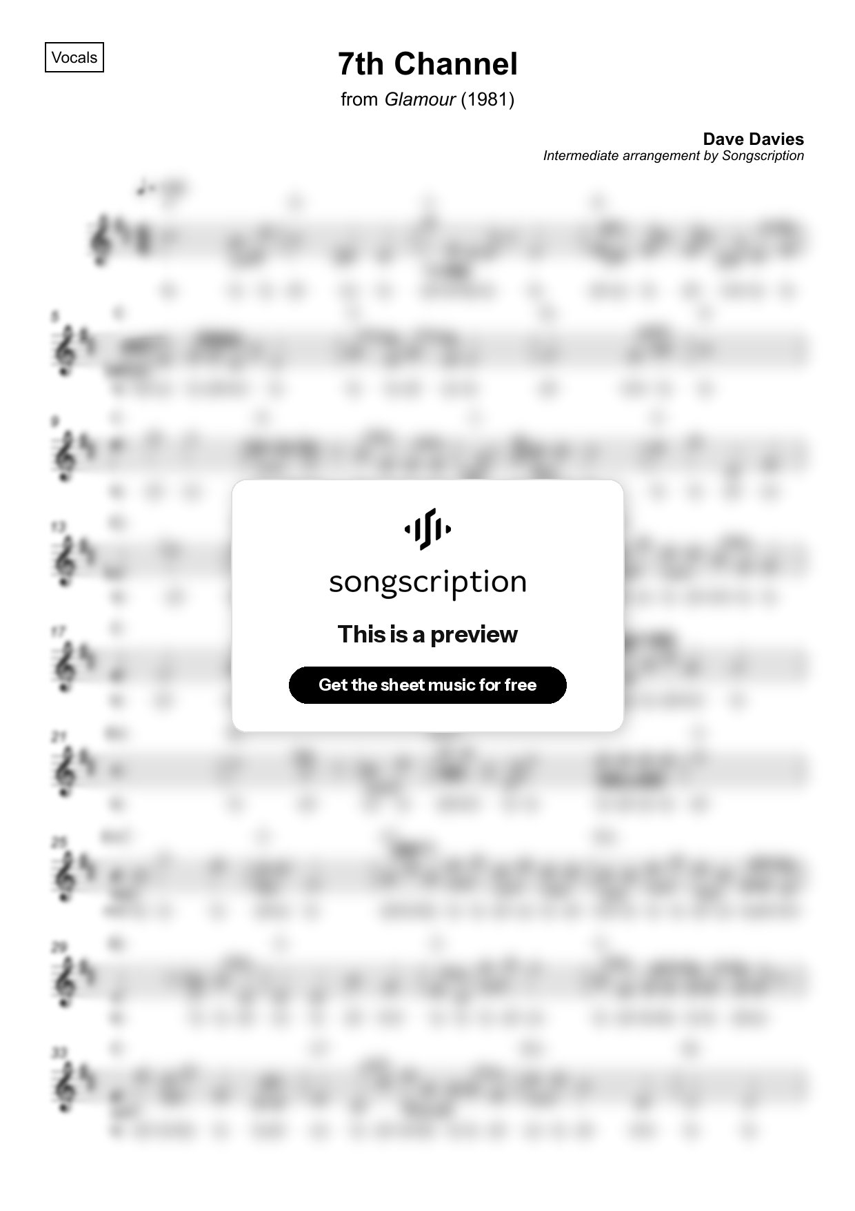 Intermediate Vocals Sheet Music for "7th Channel" by Dave Davies