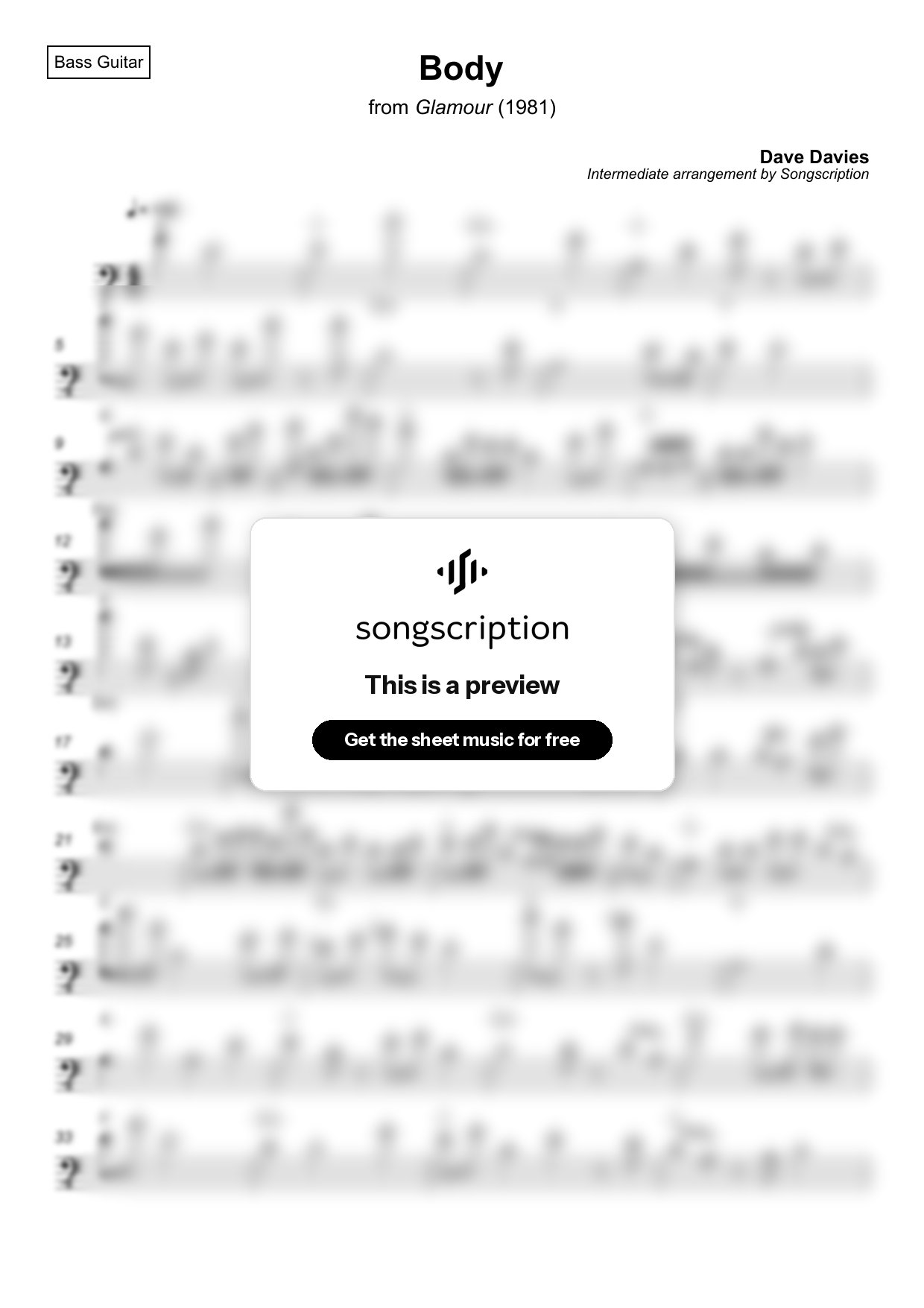 Intermediate Bass Guitar Sheet Music for "Body" by Dave Davies