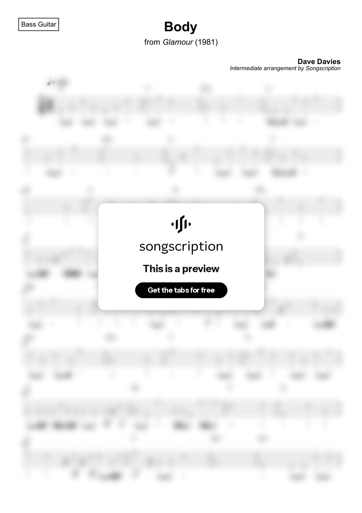 Intermediate Bass Guitar Tabs for "Body" by Dave Davies