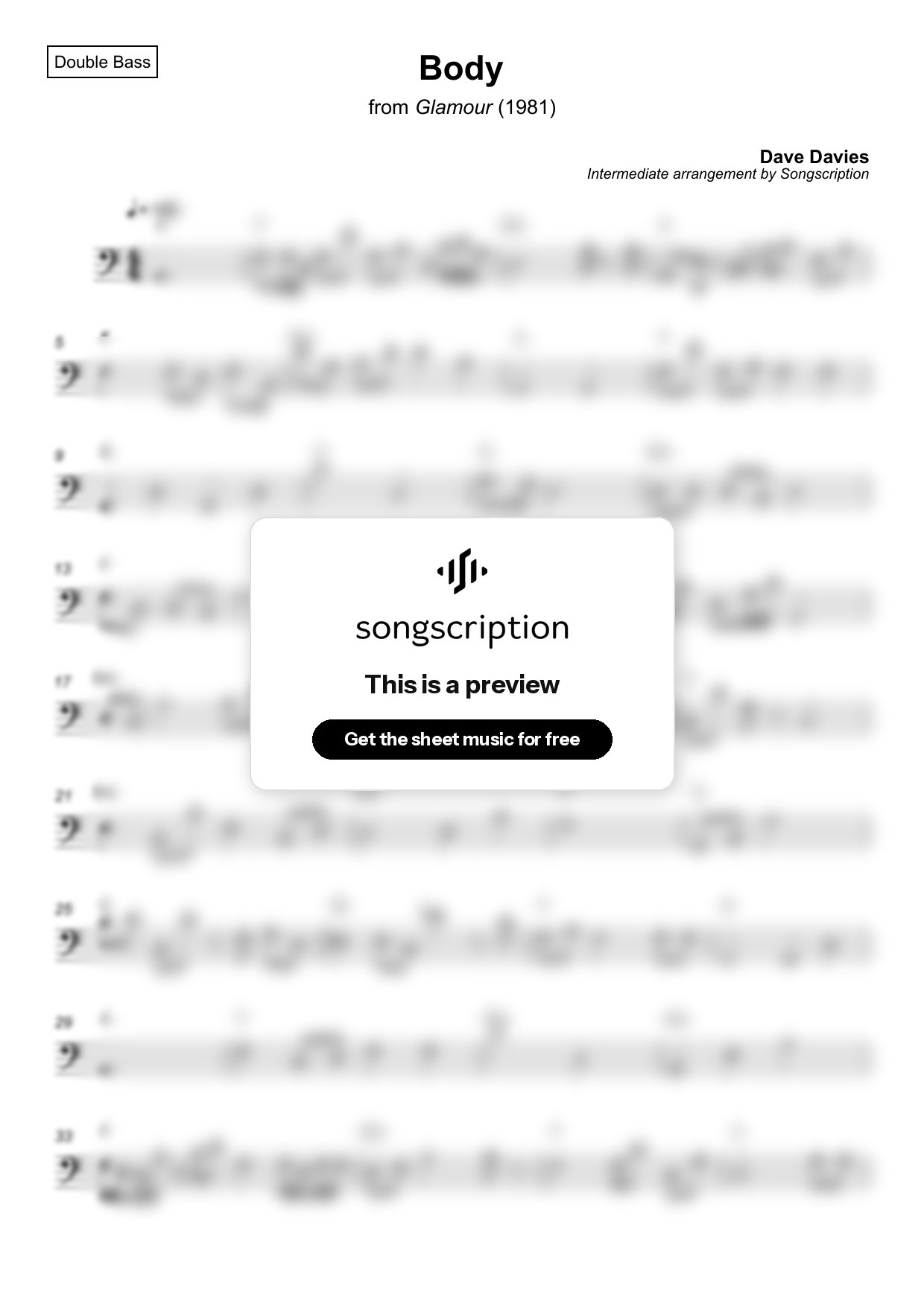 Intermediate Double Bass Sheet Music for "Body" by Dave Davies