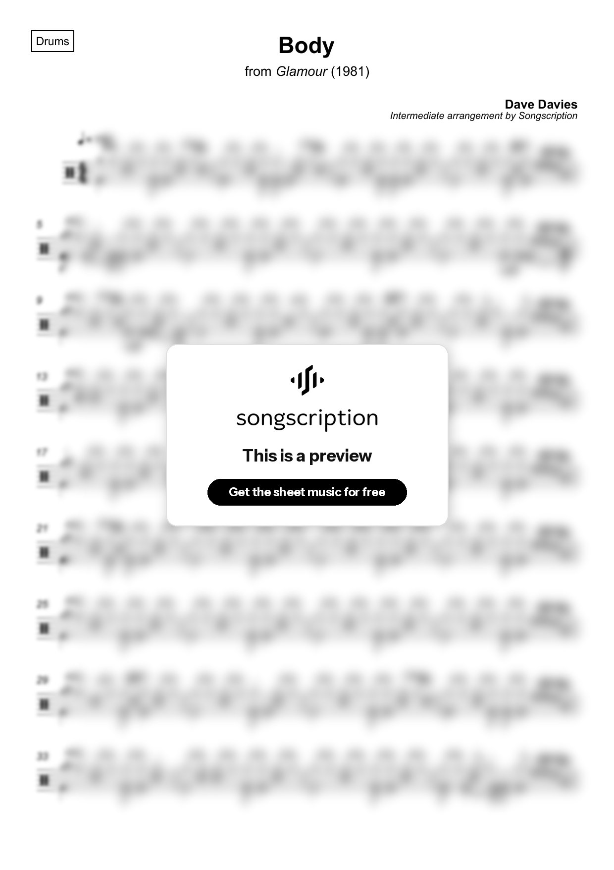 Intermediate Drums Sheet Music for "Body" by Dave Davies