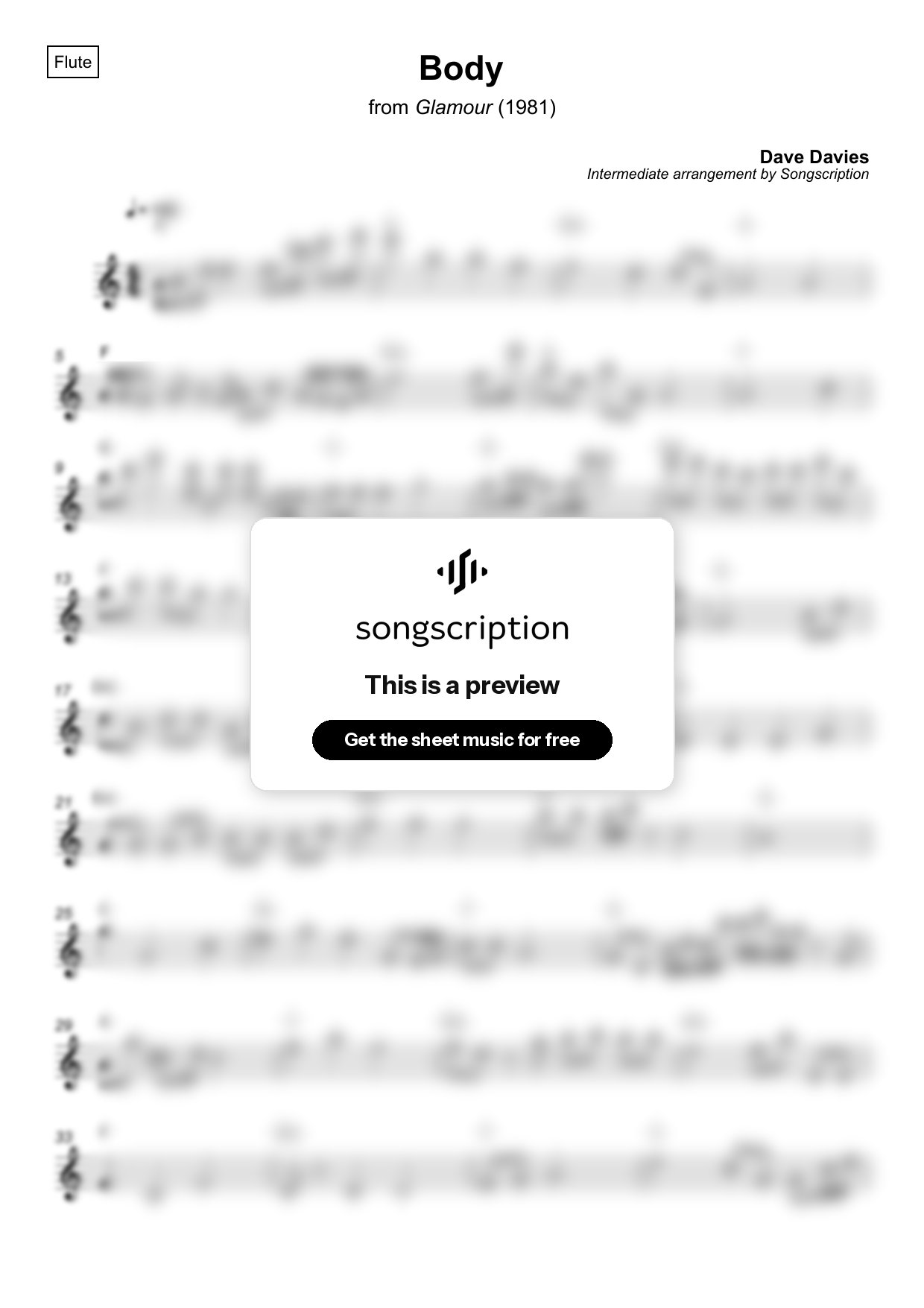 Intermediate Flute Sheet Music for "Body" by Dave Davies