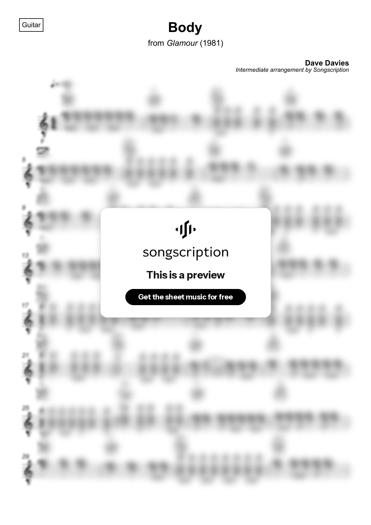 Intermediate Acoustic Guitar Sheet Music for "Body" by Dave Davies