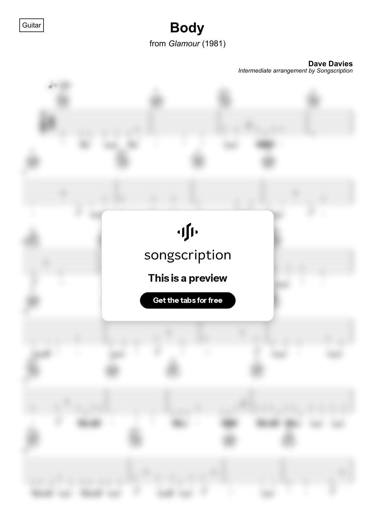 Intermediate Acoustic Guitar Tabs for "Body" by Dave Davies