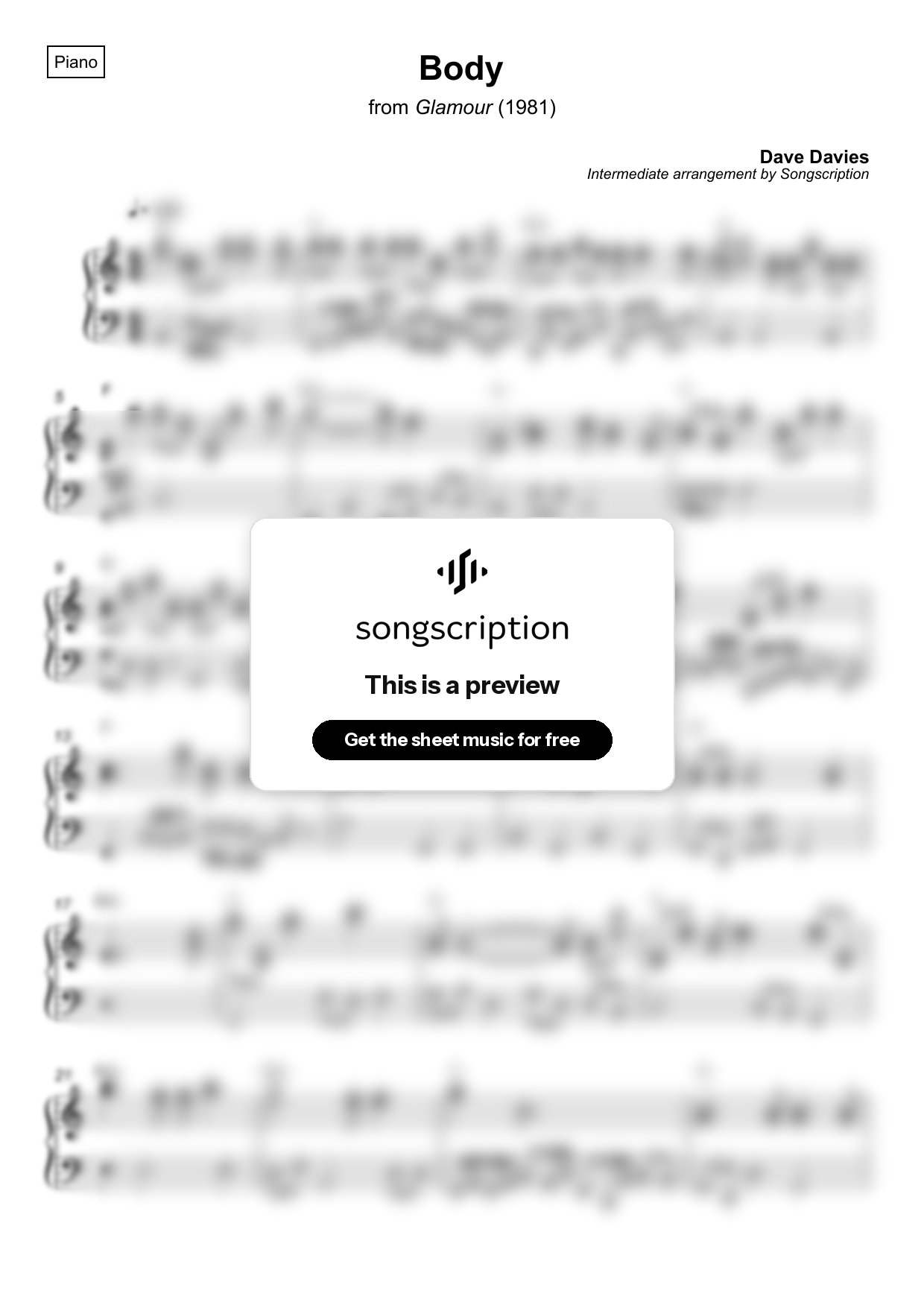 Intermediate Piano Sheet Music for "Body" by Dave Davies