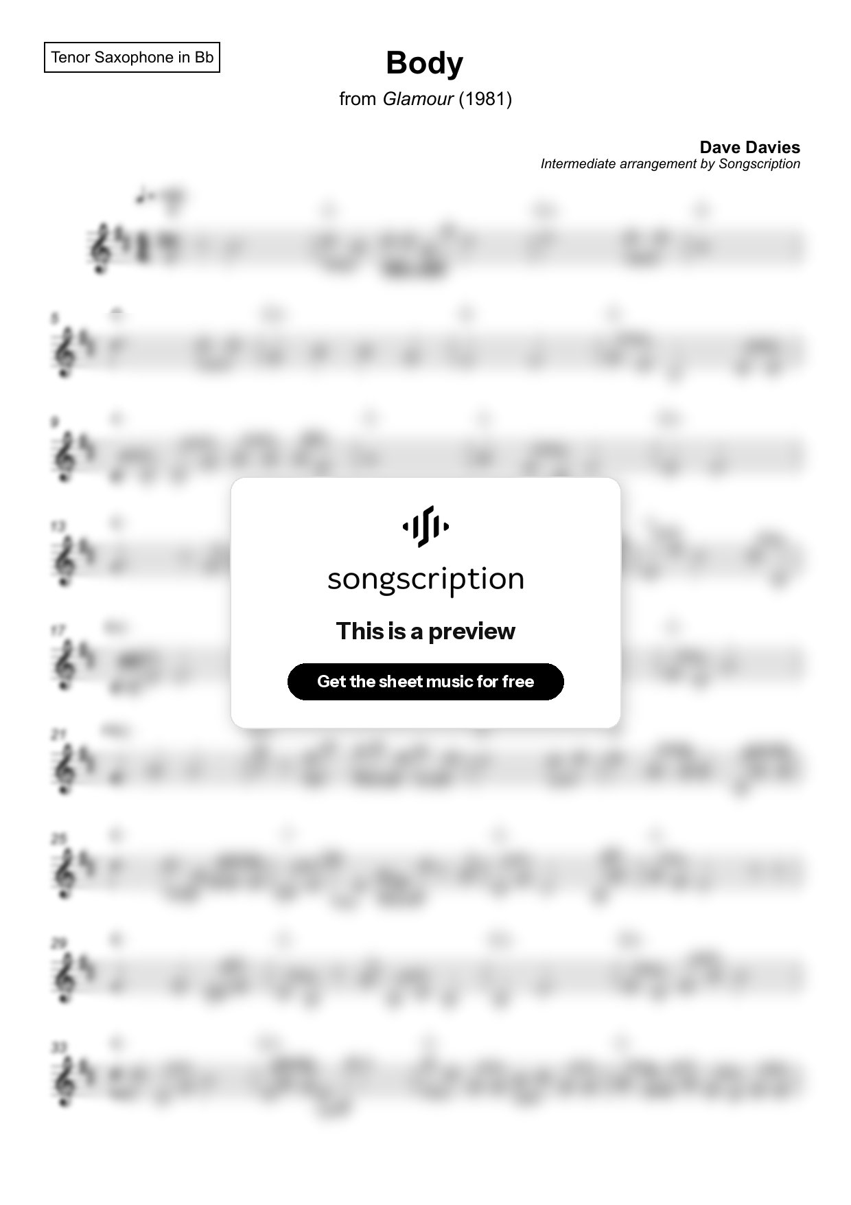 Intermediate Tenor Sax Sheet Music for "Body" by Dave Davies