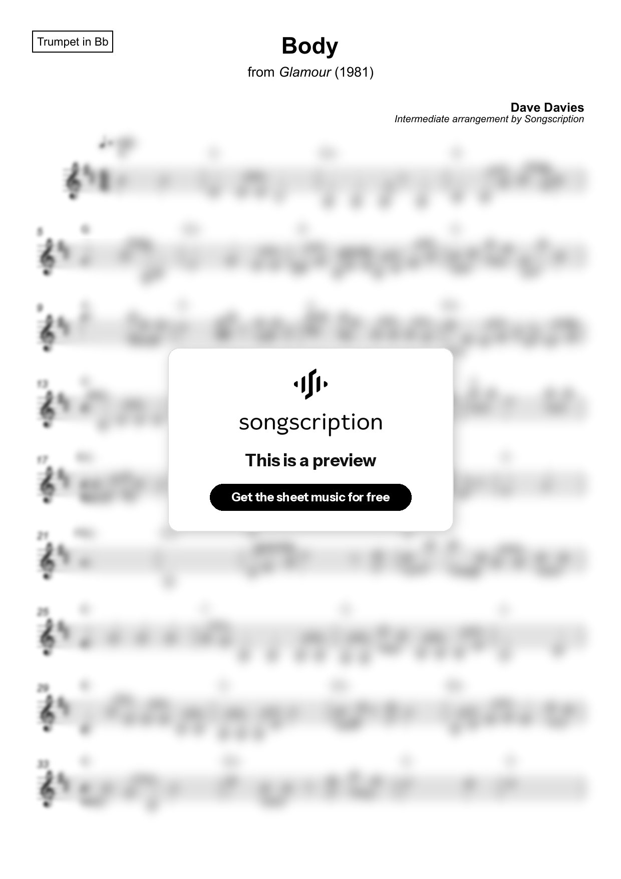 Intermediate Trumpet Sheet Music for "Body" by Dave Davies