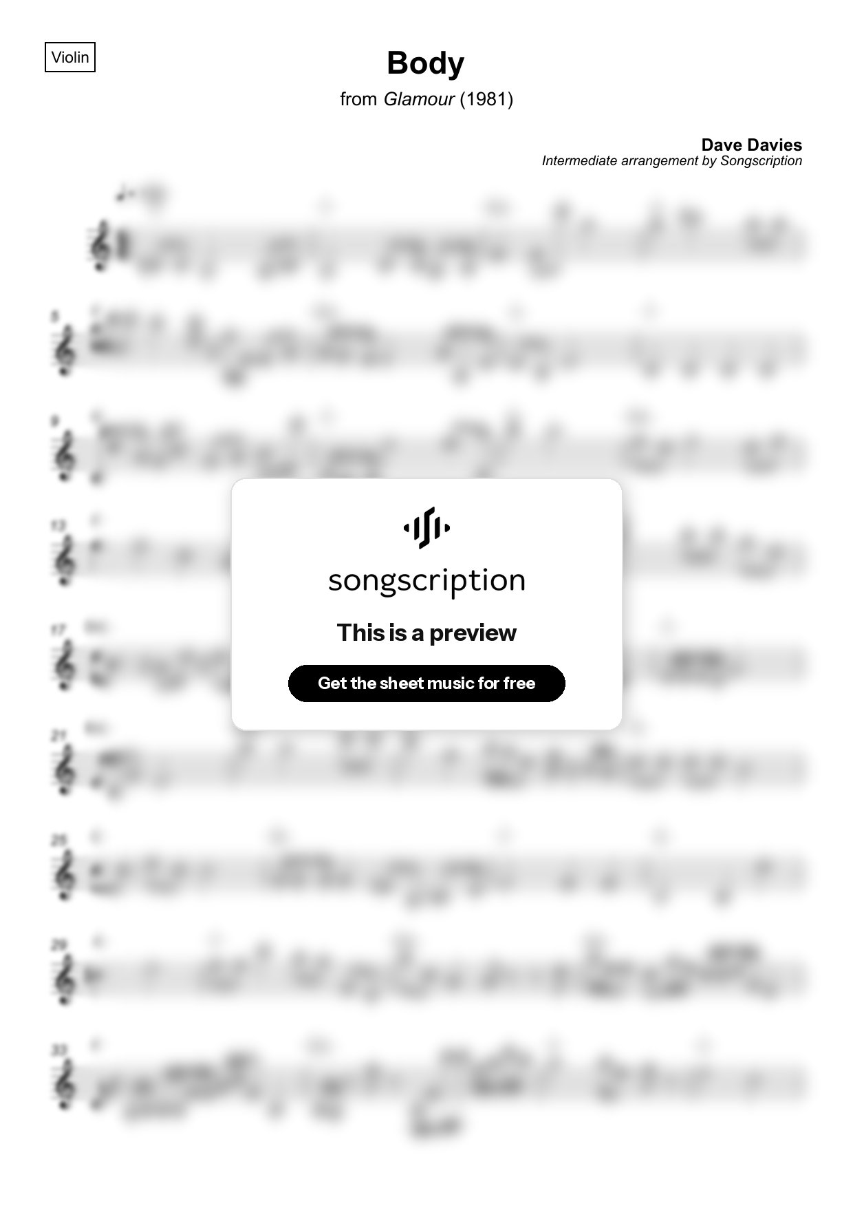 Intermediate Violin Sheet Music for "Body" by Dave Davies