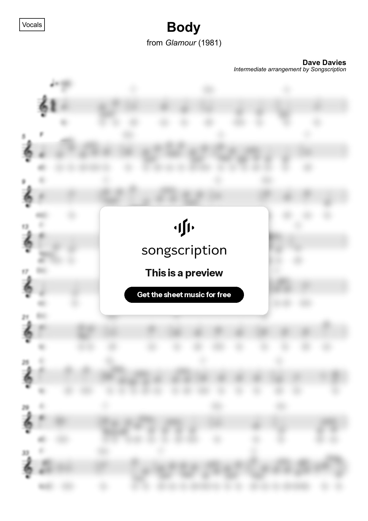 Intermediate Vocals Sheet Music for "Body" by Dave Davies