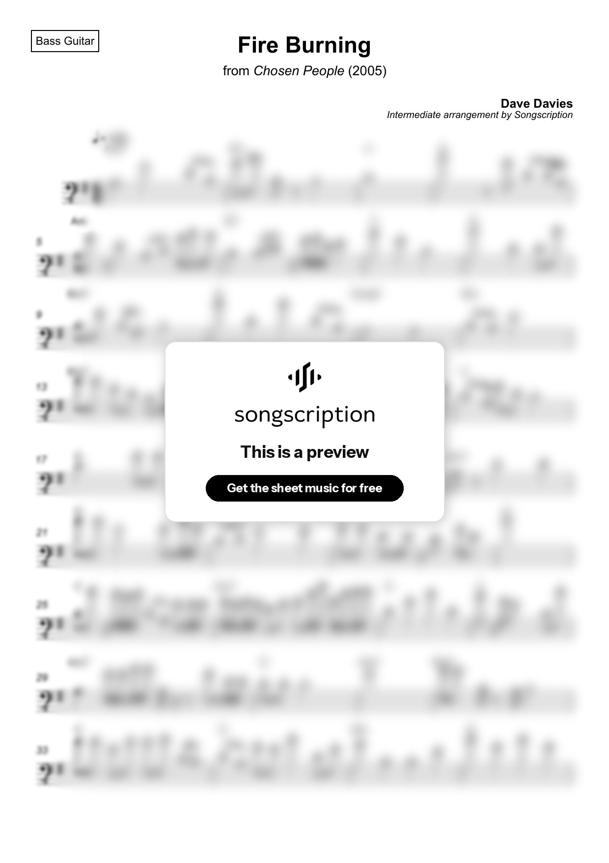Intermediate Bass Guitar Sheet Music for "Fire Burning" by Dave Davies