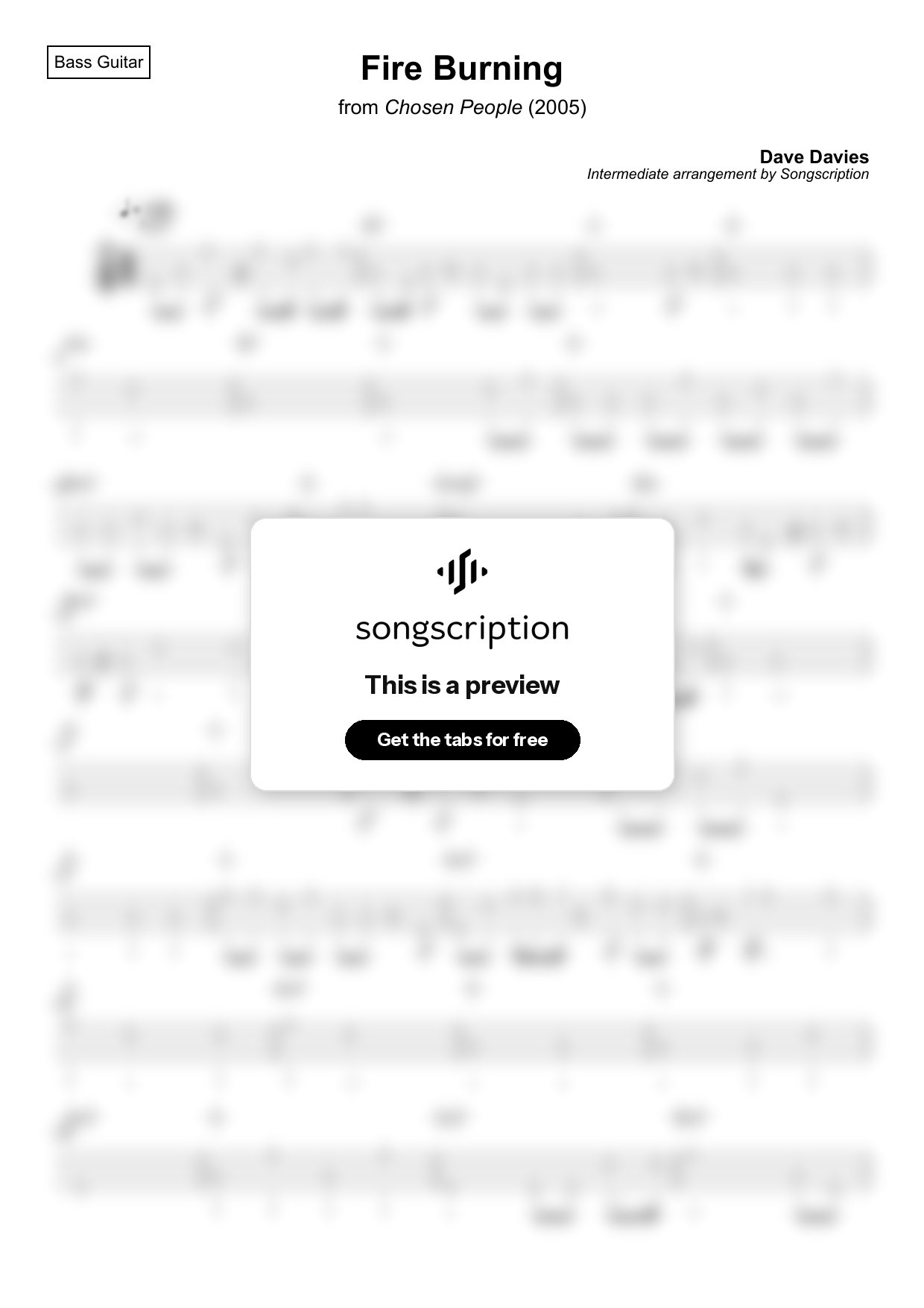Intermediate Bass Guitar Tabs for "Fire Burning" by Dave Davies