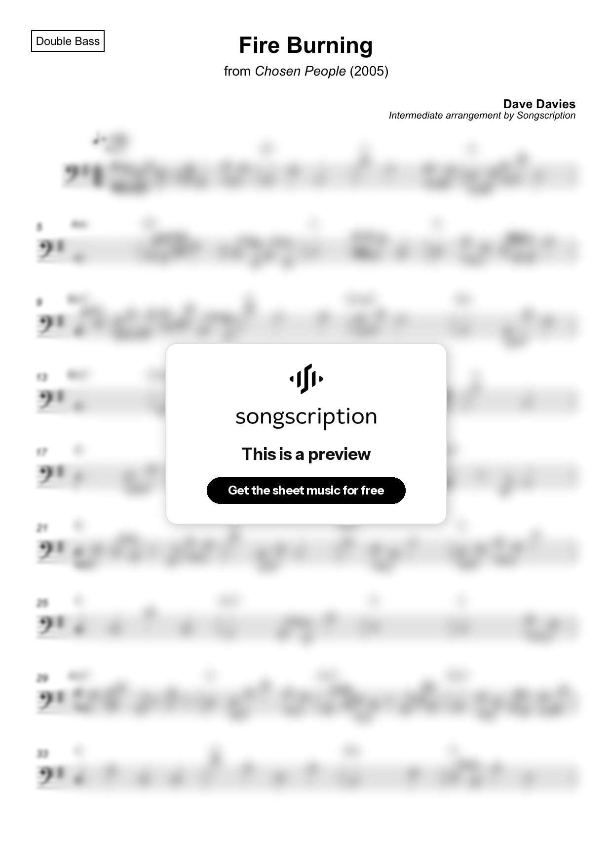 Intermediate Double Bass Sheet Music for "Fire Burning" by Dave Davies