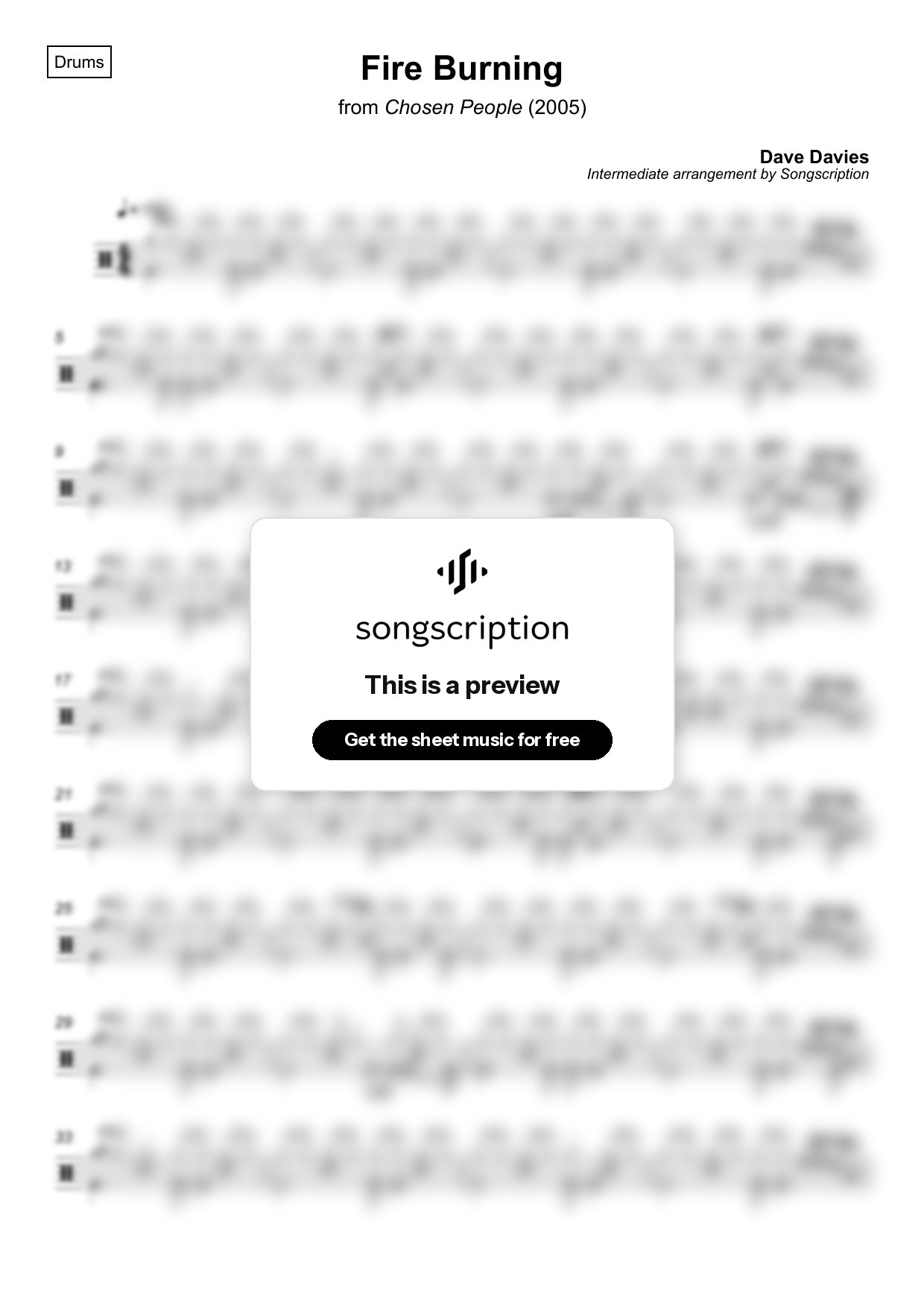 Intermediate Drums Sheet Music for "Fire Burning" by Dave Davies