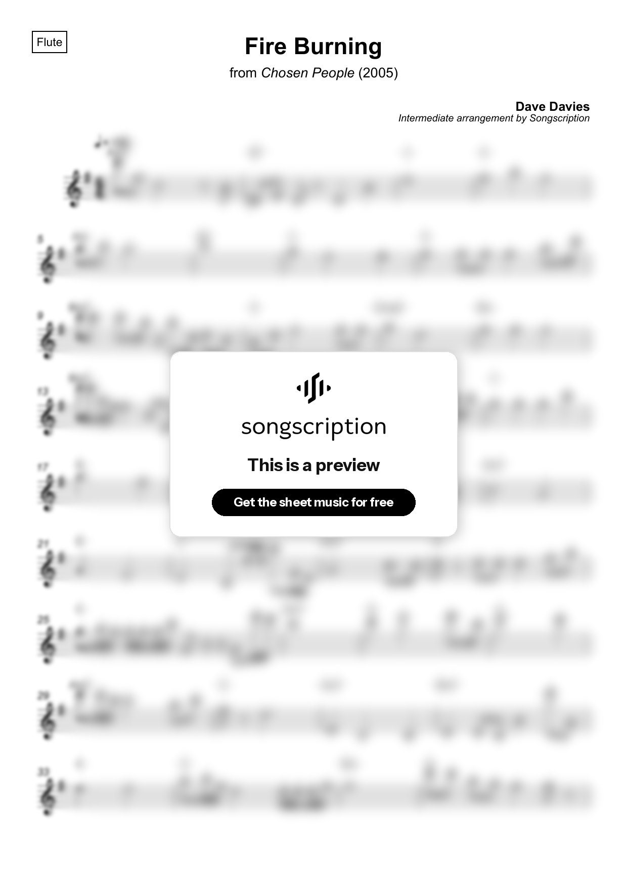 Intermediate Flute Sheet Music for "Fire Burning" by Dave Davies
